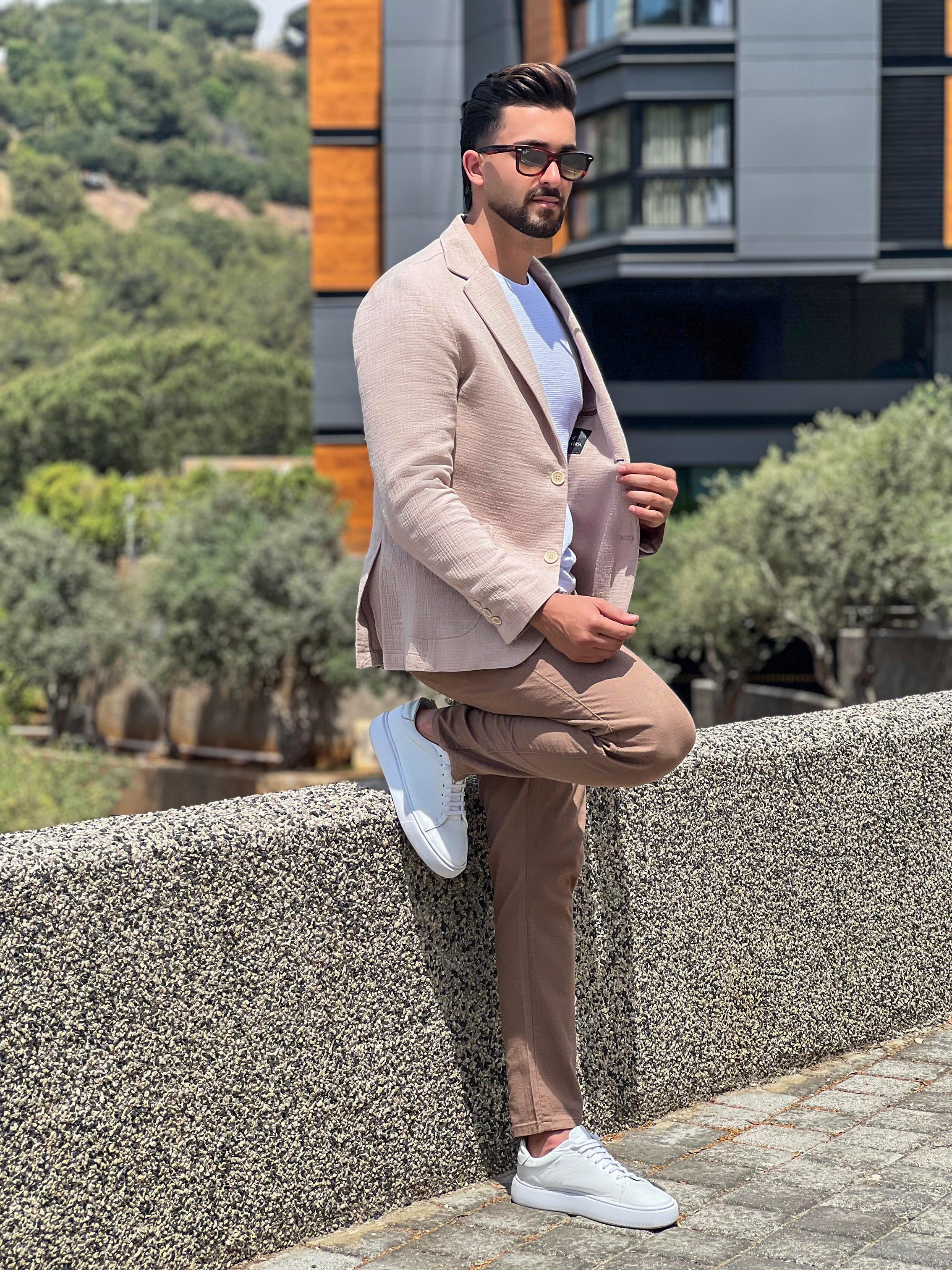 Beige Linen Blazer with Notch Lapel