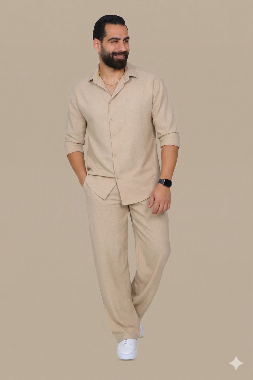 Beige Linen Loose Long Sleeve Tracksuit