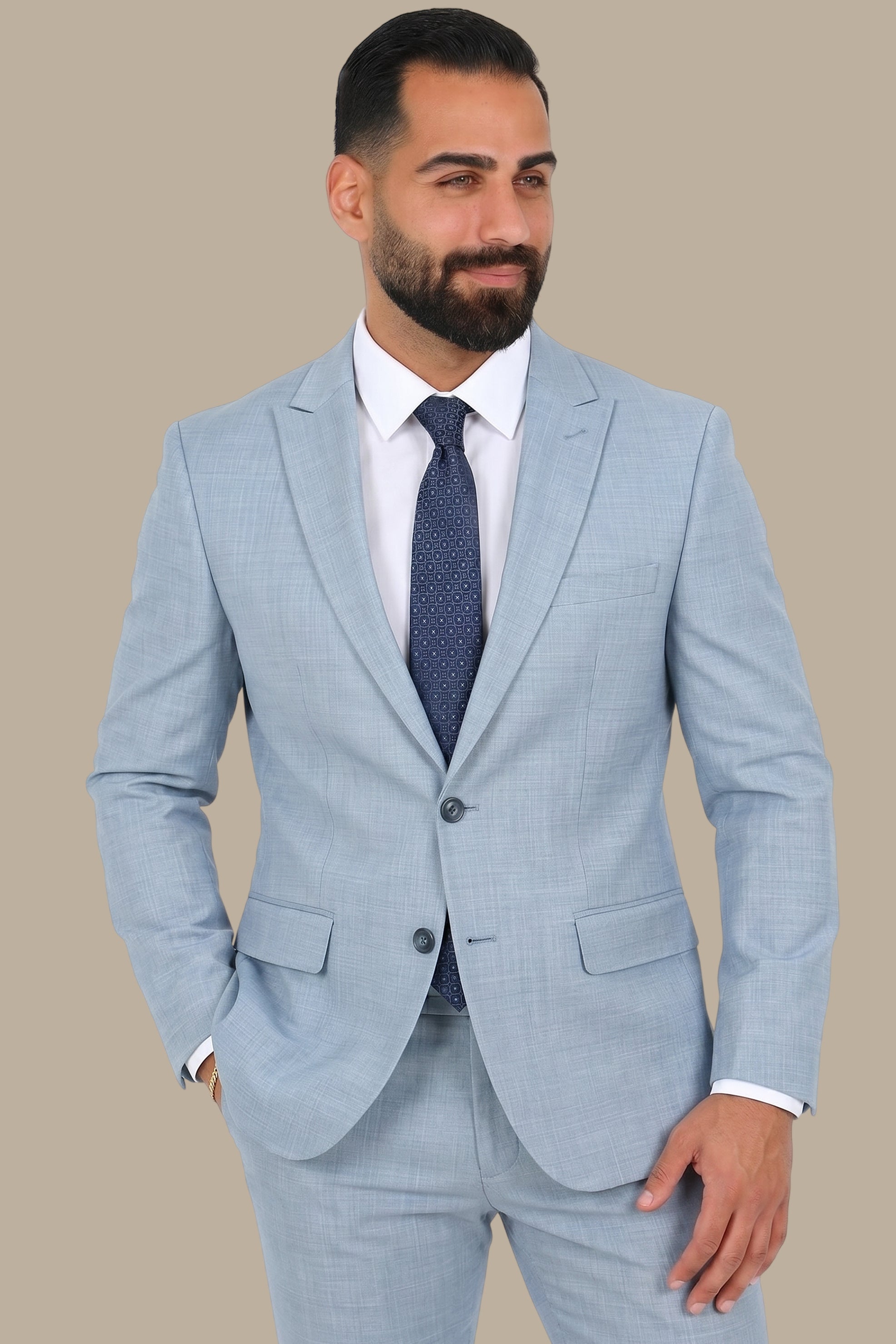 Light Blue Fil-à-Fil Peak Lapel Suit