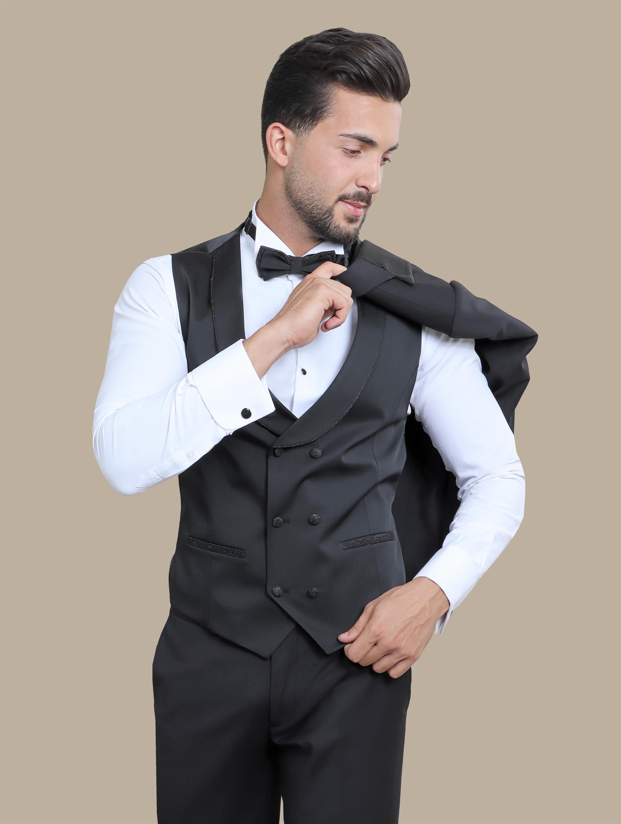 Black Tuxedo with Glitter Piping - 4 Piece Set