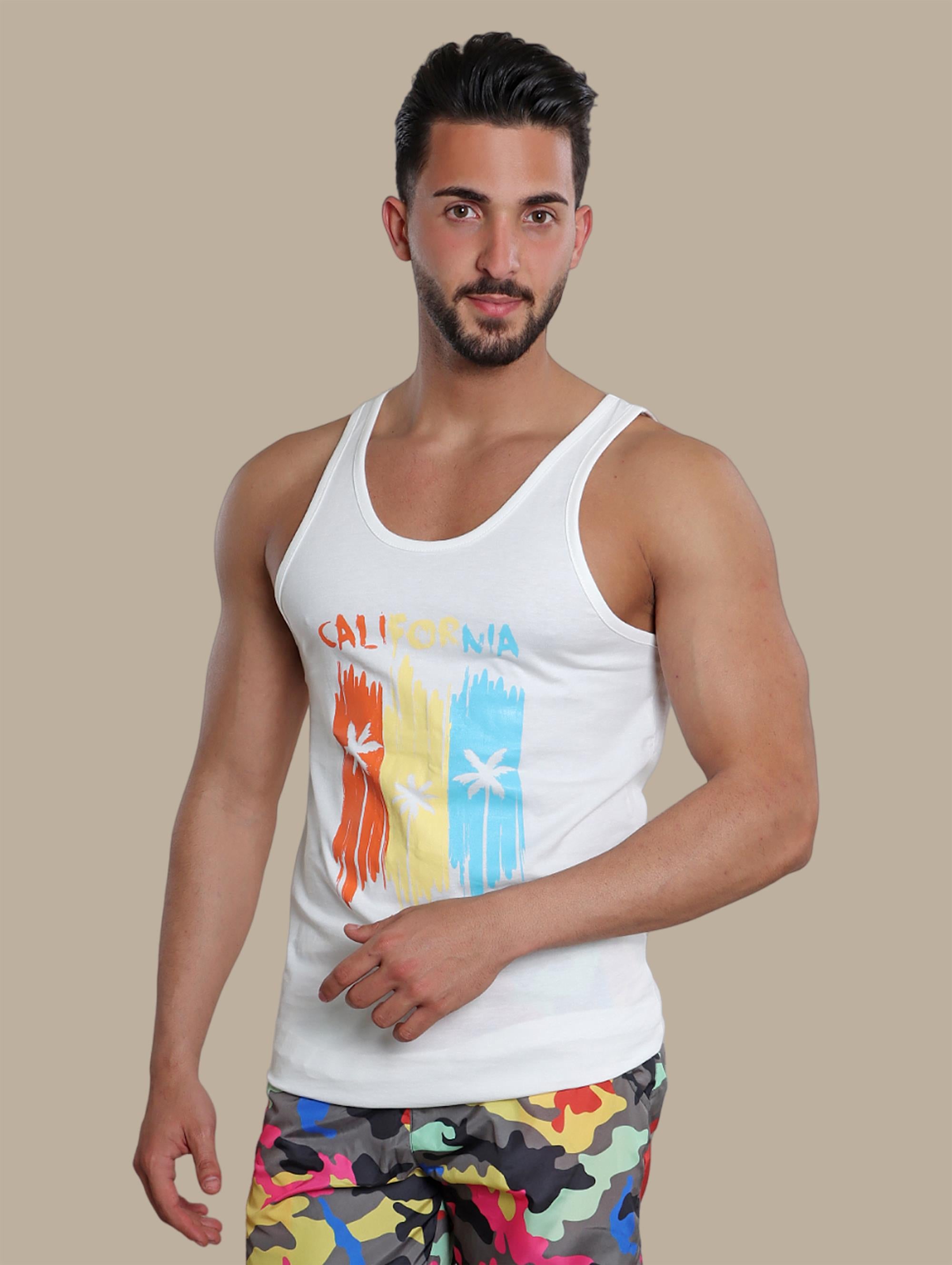 Three Palms Paradise: White Sleeveless Shirt
