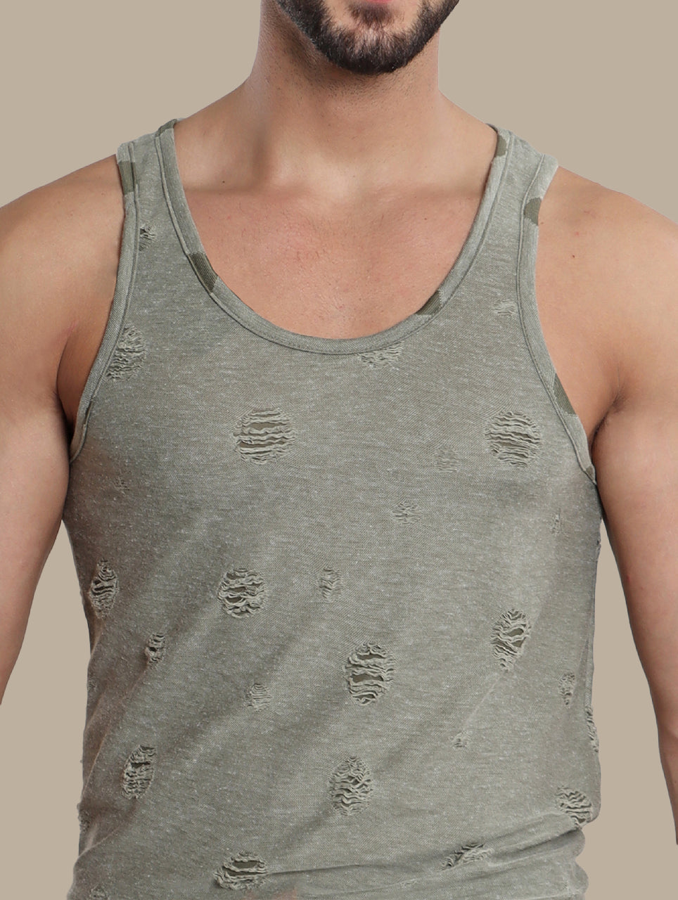 Urban Ruggedness: Khaki Destroyed Sleeveless Shirt