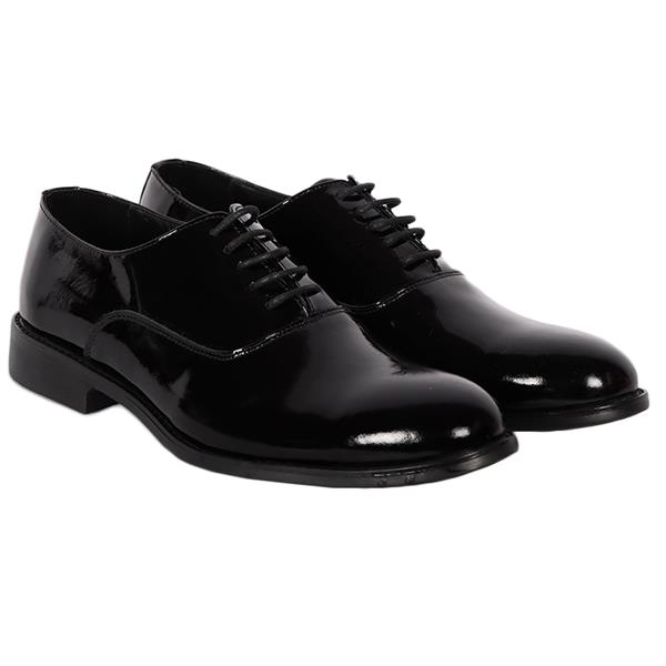 Black patent leather tuxedo shoes with shiny finish and classic lace-up design.