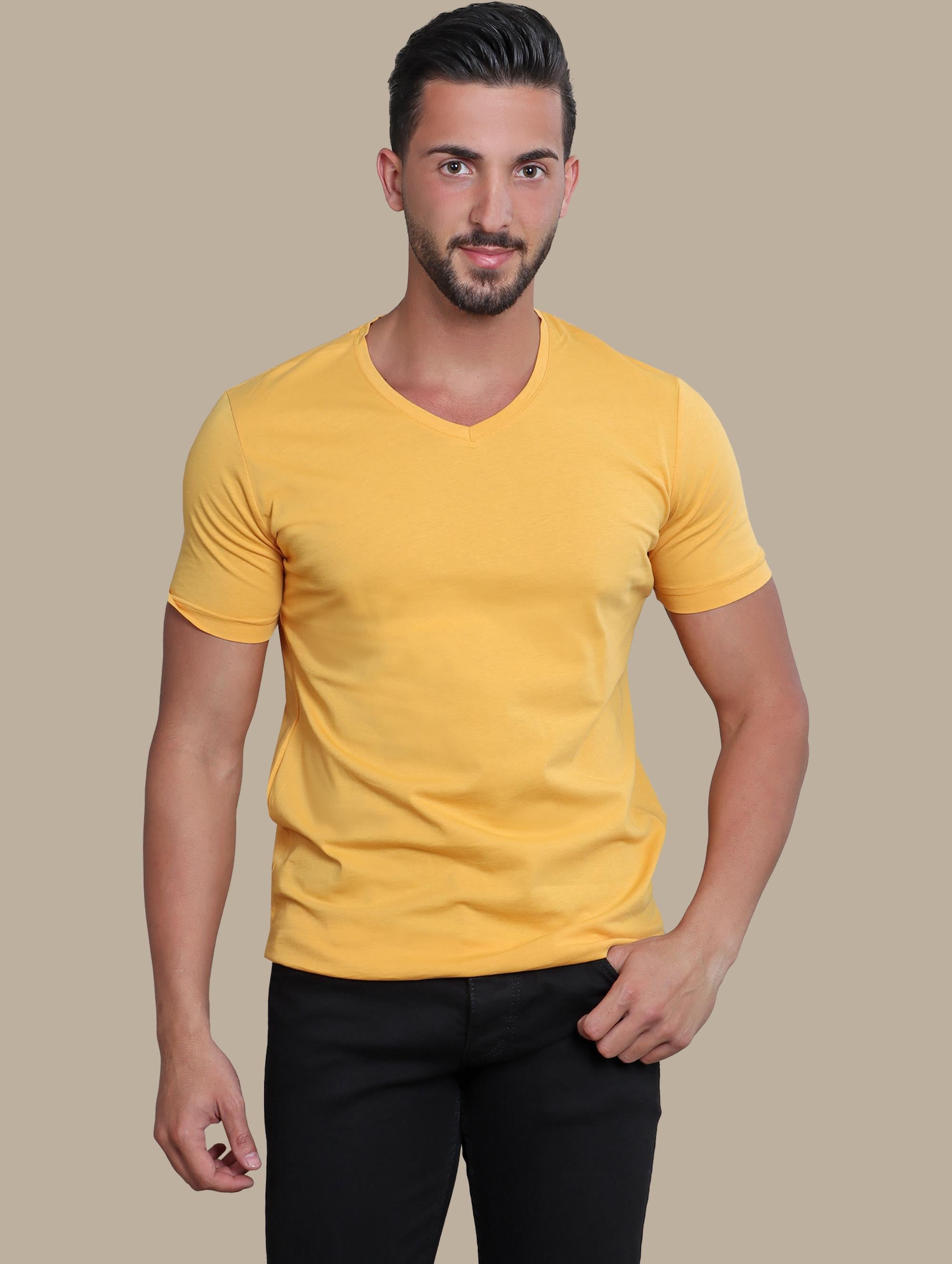 Sunny Glow: Yellow V-Neck Short Sleeve T-Shirt