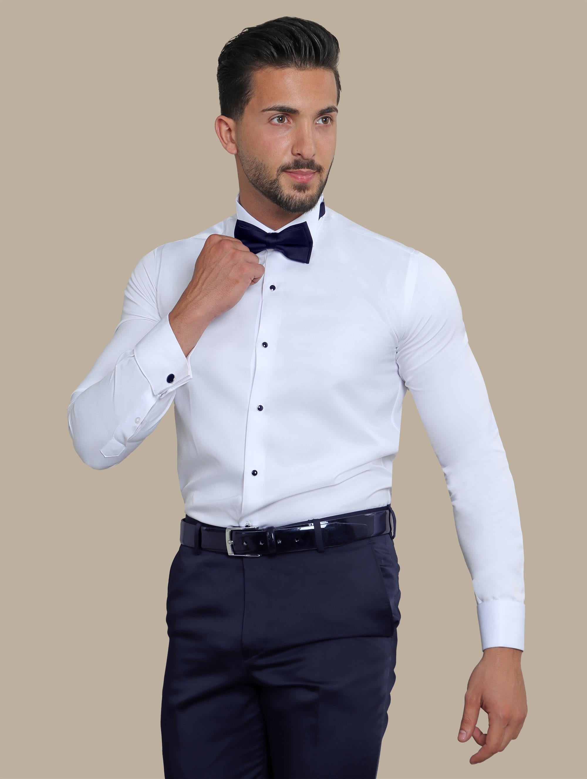 Shirt Tuxedo Navy Button Long | White