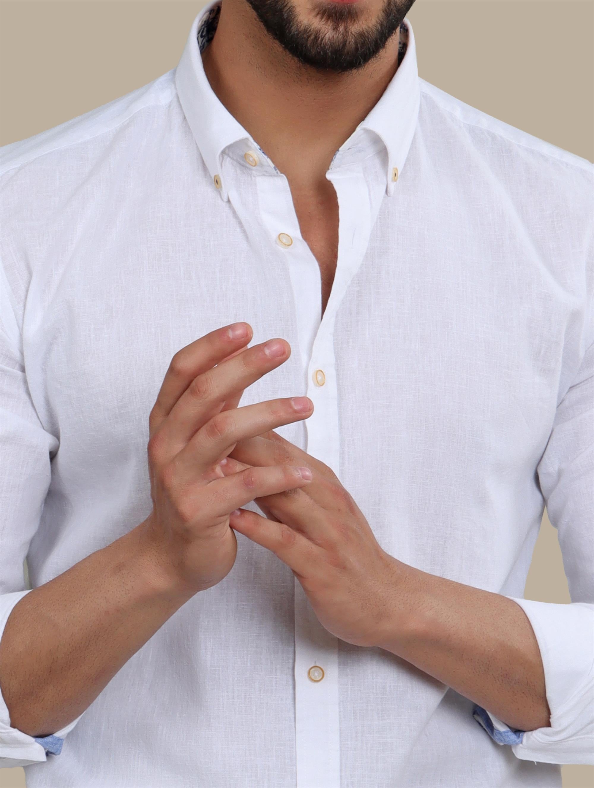 Shirt Linen Basic With Printed Collar | White