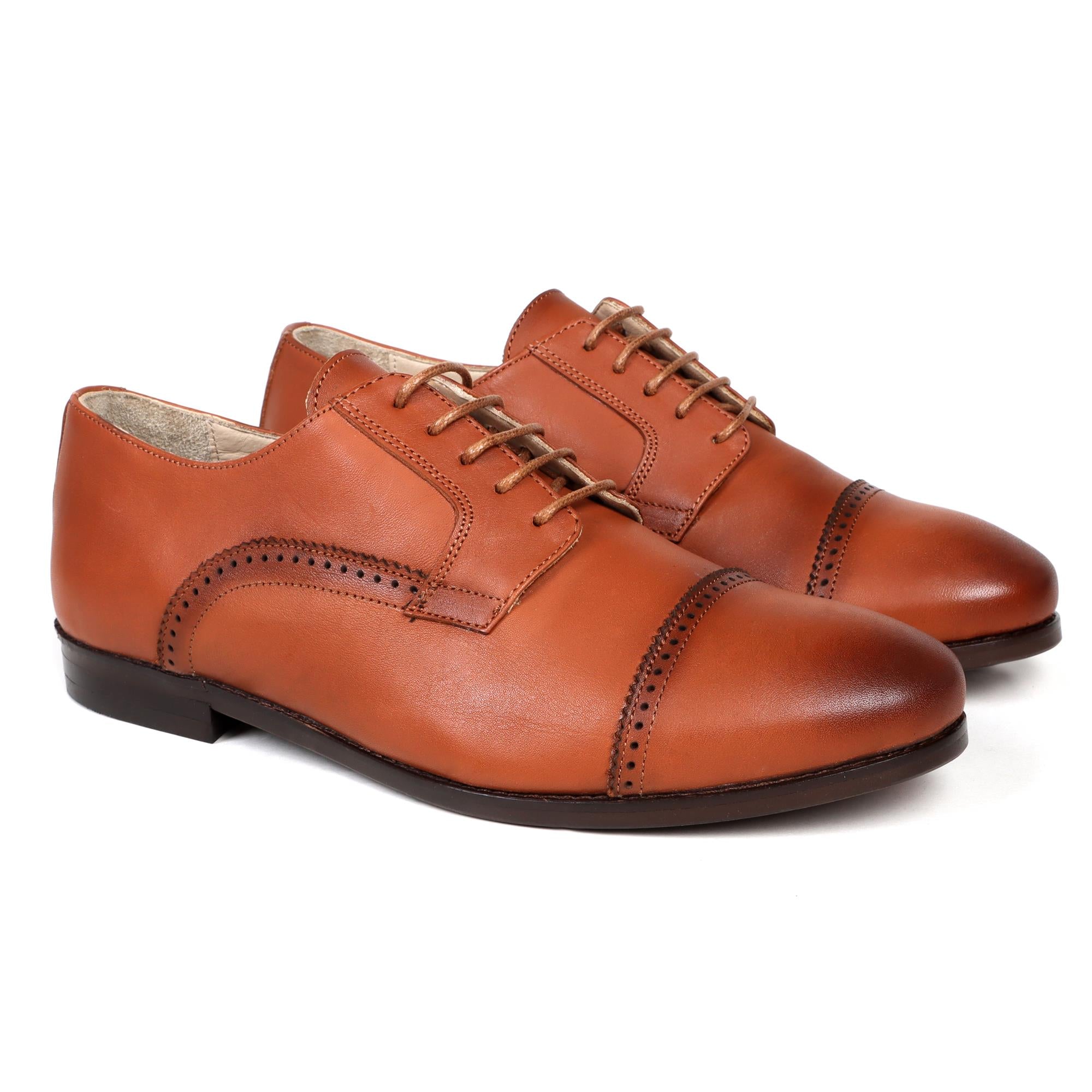 Brown leather Oxford shoes with brogue detailing and black soles, lace-up design.