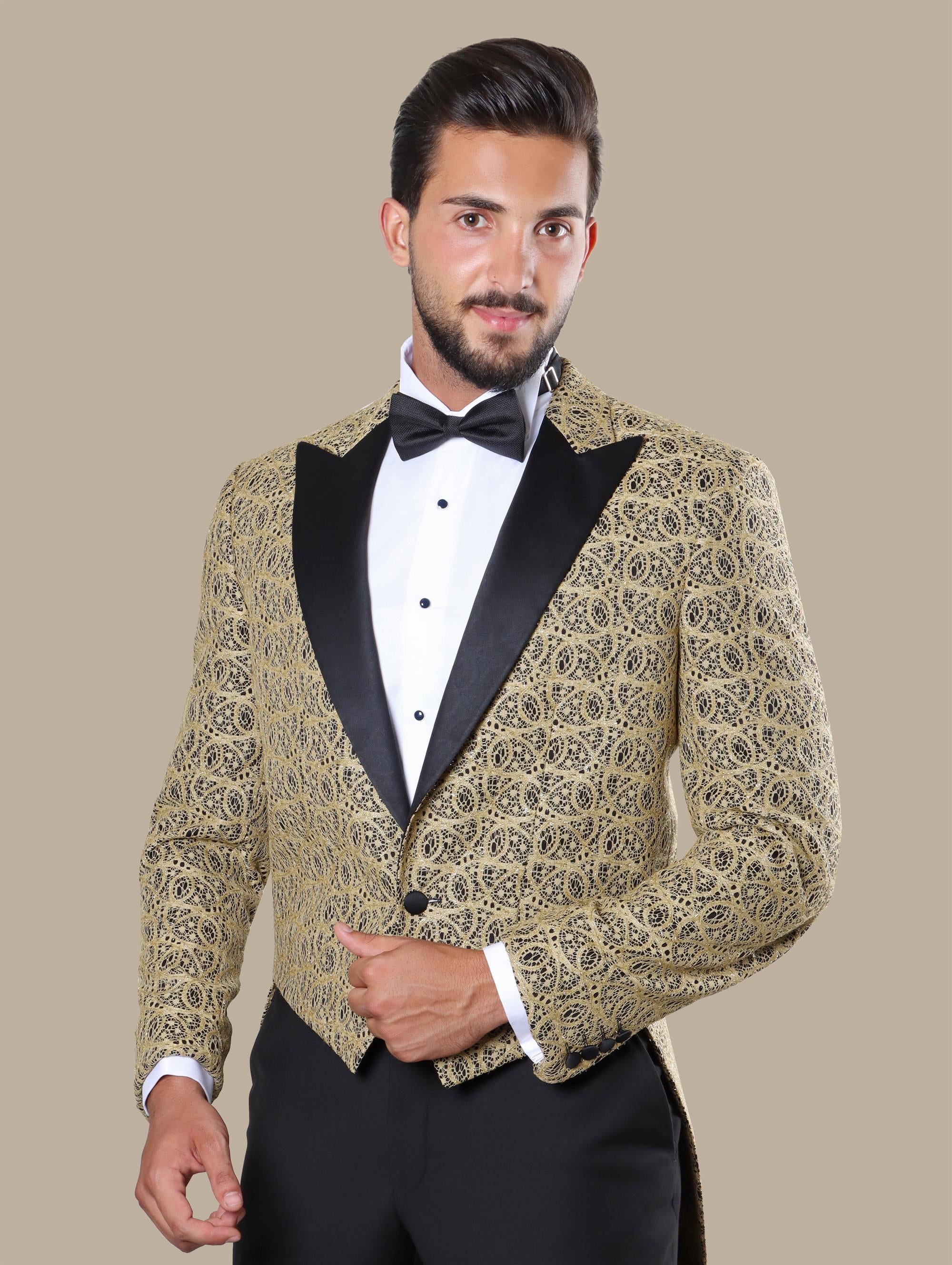 Regal Radiance: The Majestic Gold-Infused Tuxedo Tailcoat - A Symphony of Luxury and Style