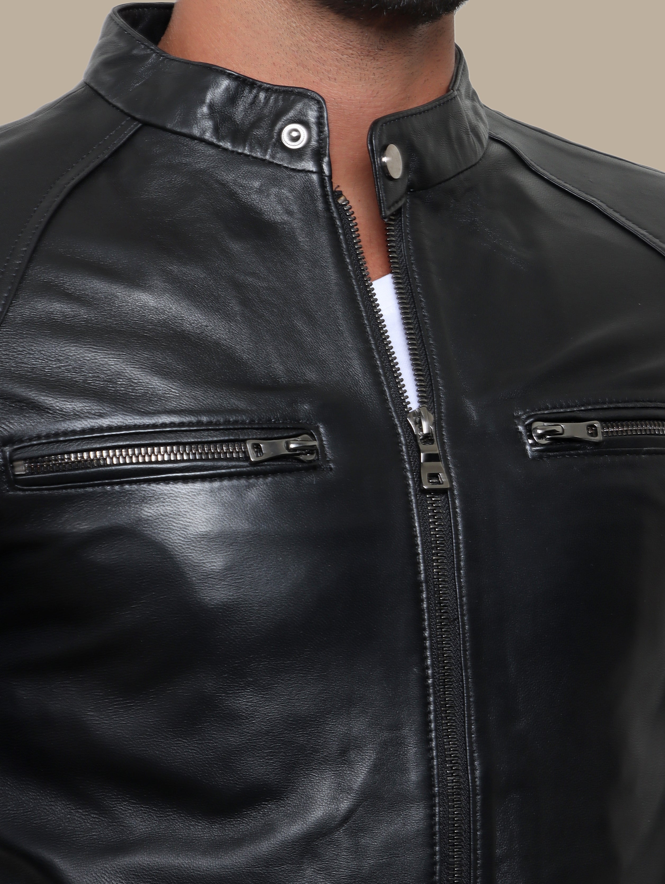 Jacket Real Leather Col Mao 4 Zippers | Black