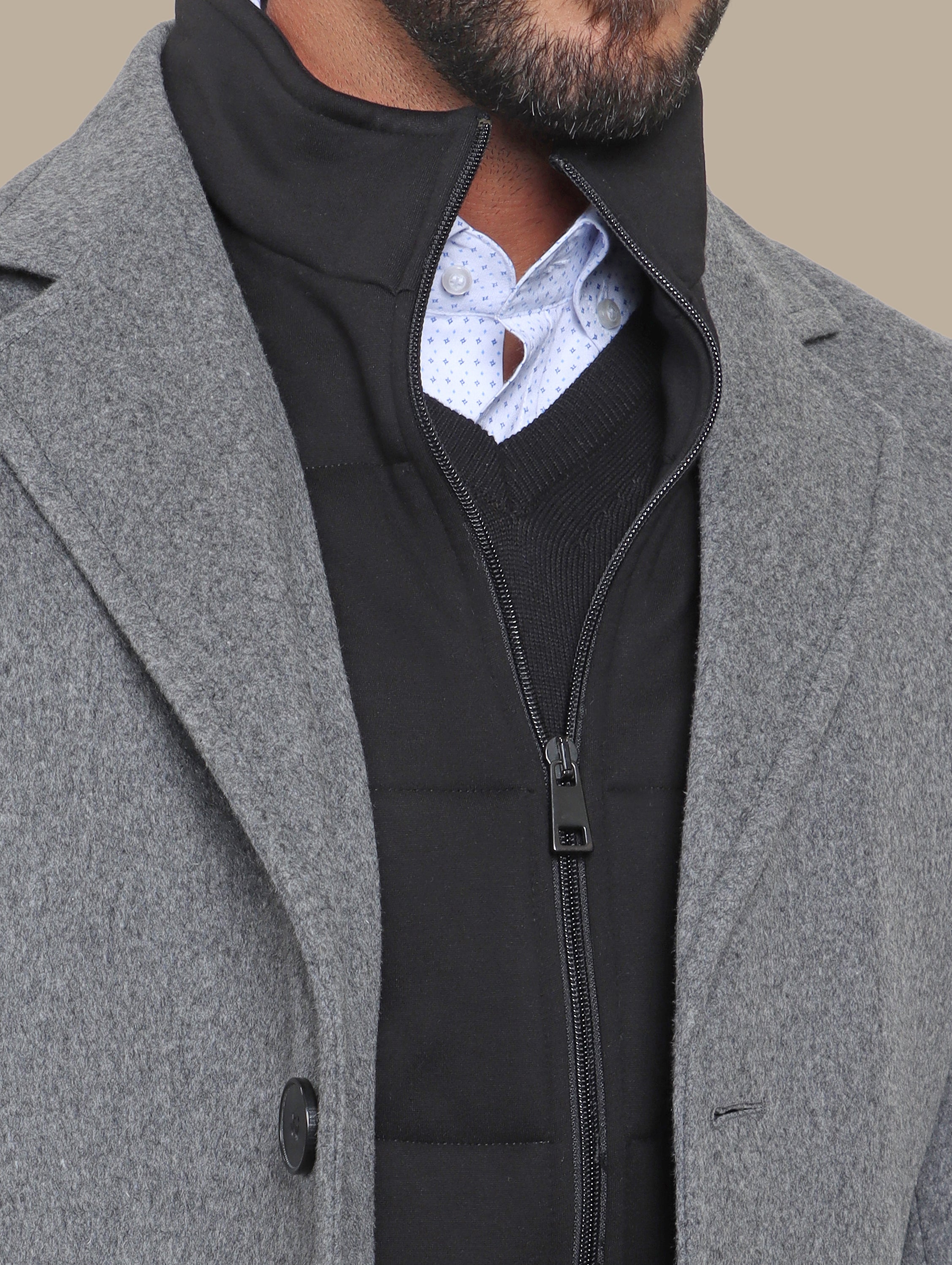 Grey Basic Coat with Detachable Collar