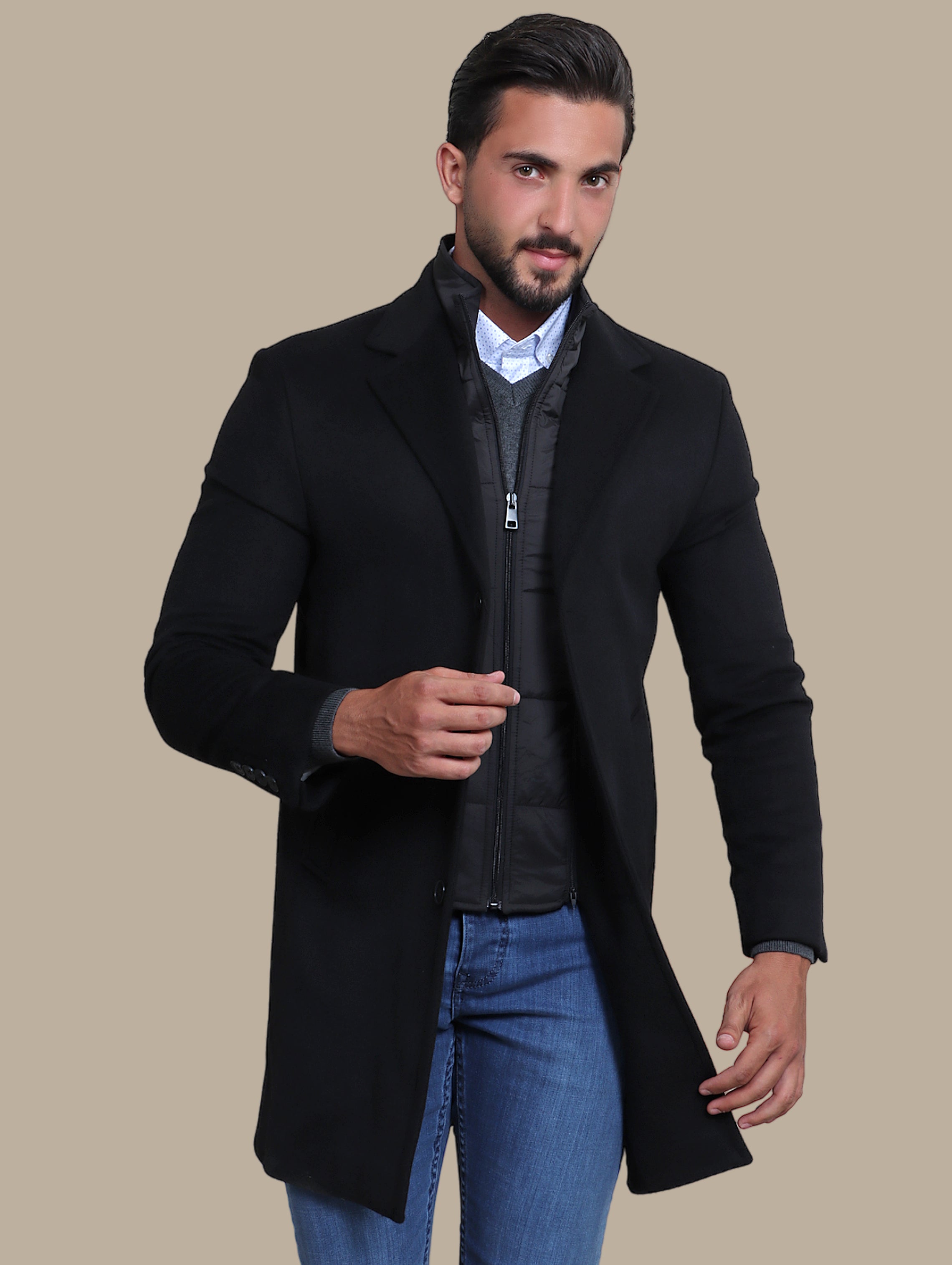 Black Basic Coat with Detachable Collar