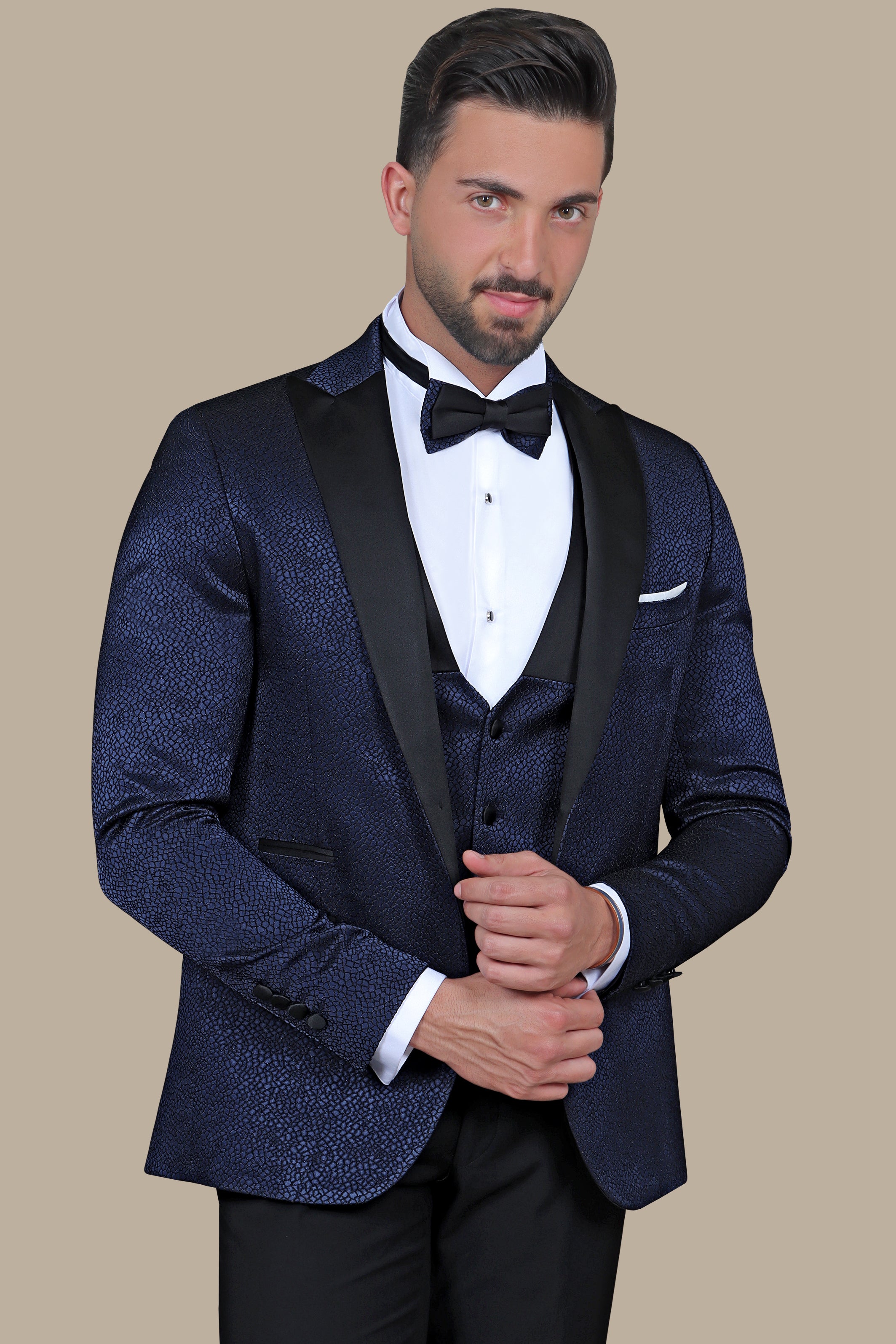 Elegant Navy Tuxedo Jacquard 4-Piece Set