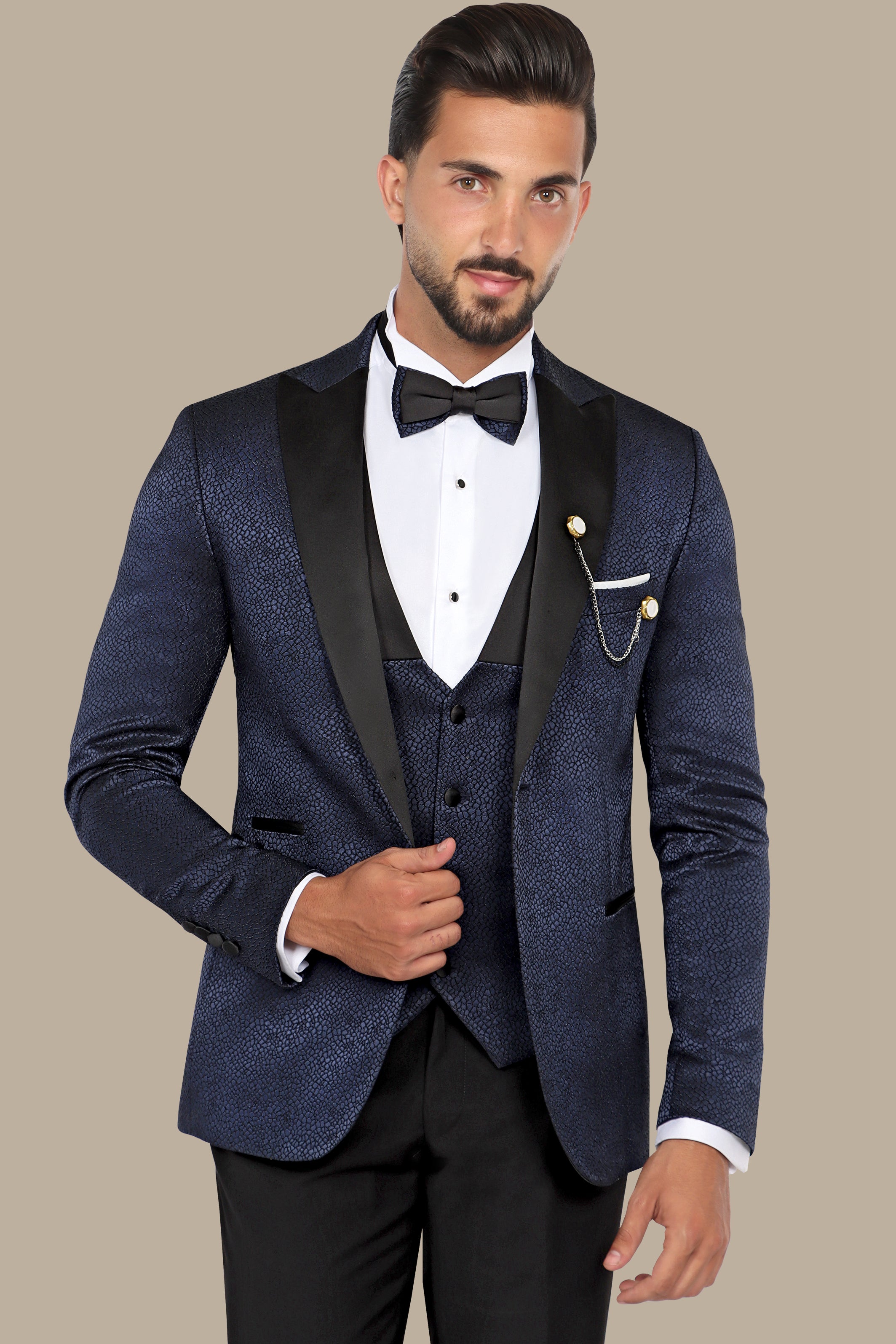 Elegant Navy Tuxedo Jacquard 4-Piece Set