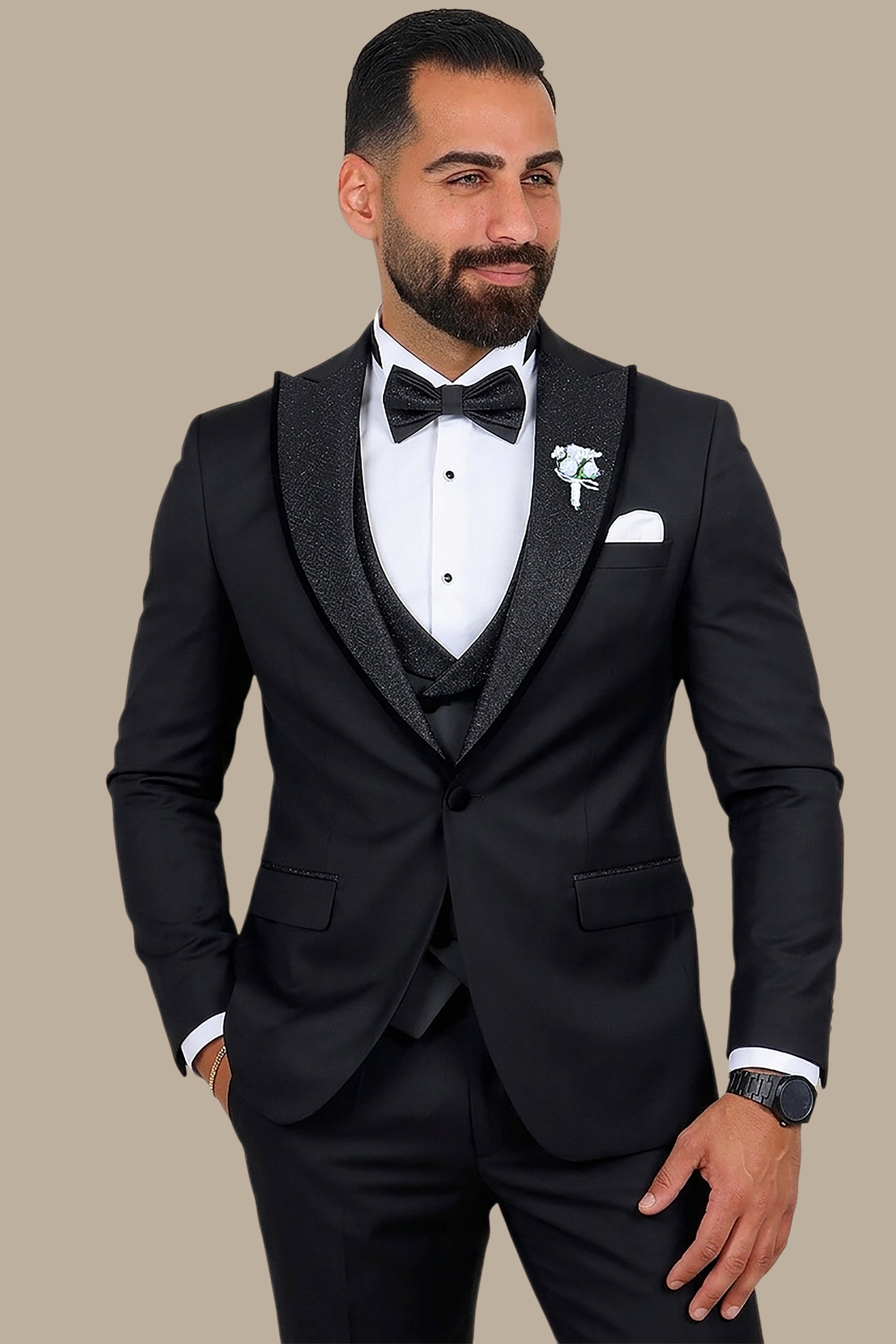 Shine in the Night: Black Tuxedo with Glitter Collar 4-Piece Set