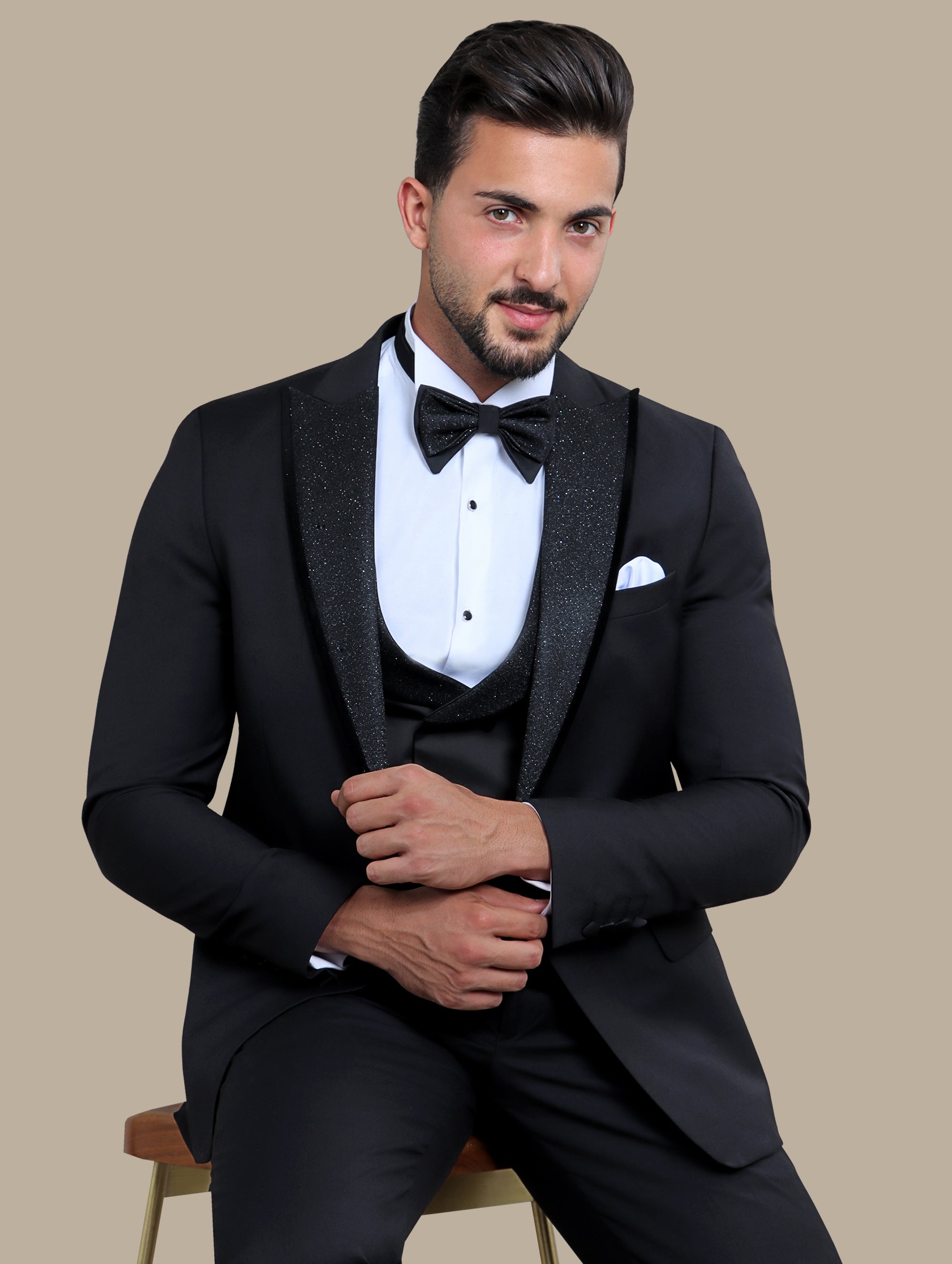 Shine in the Night: Black Tuxedo with Glitter Collar 4-Piece Set