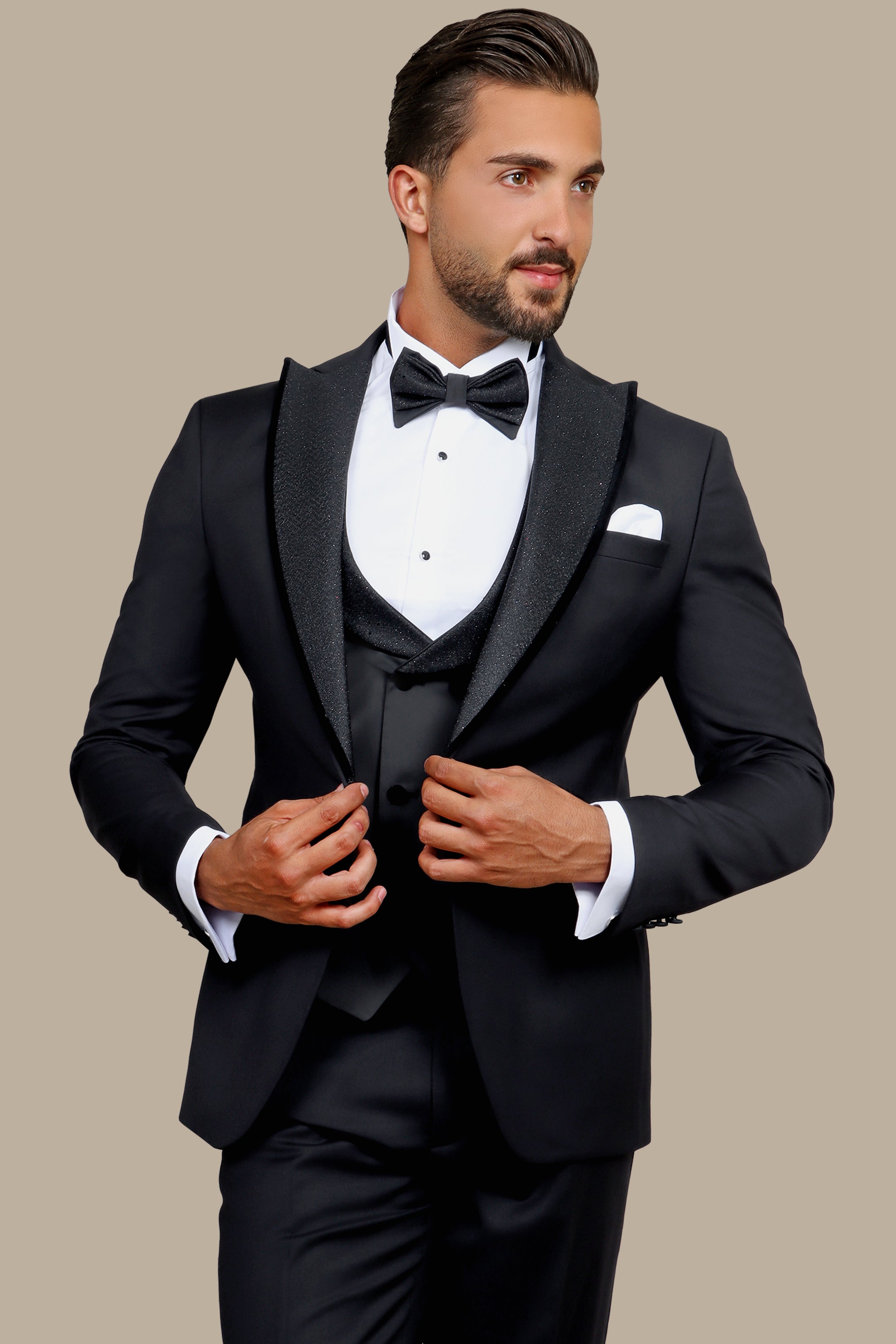 Shine in the Night: Black Tuxedo with Glitter Collar 4-Piece Set