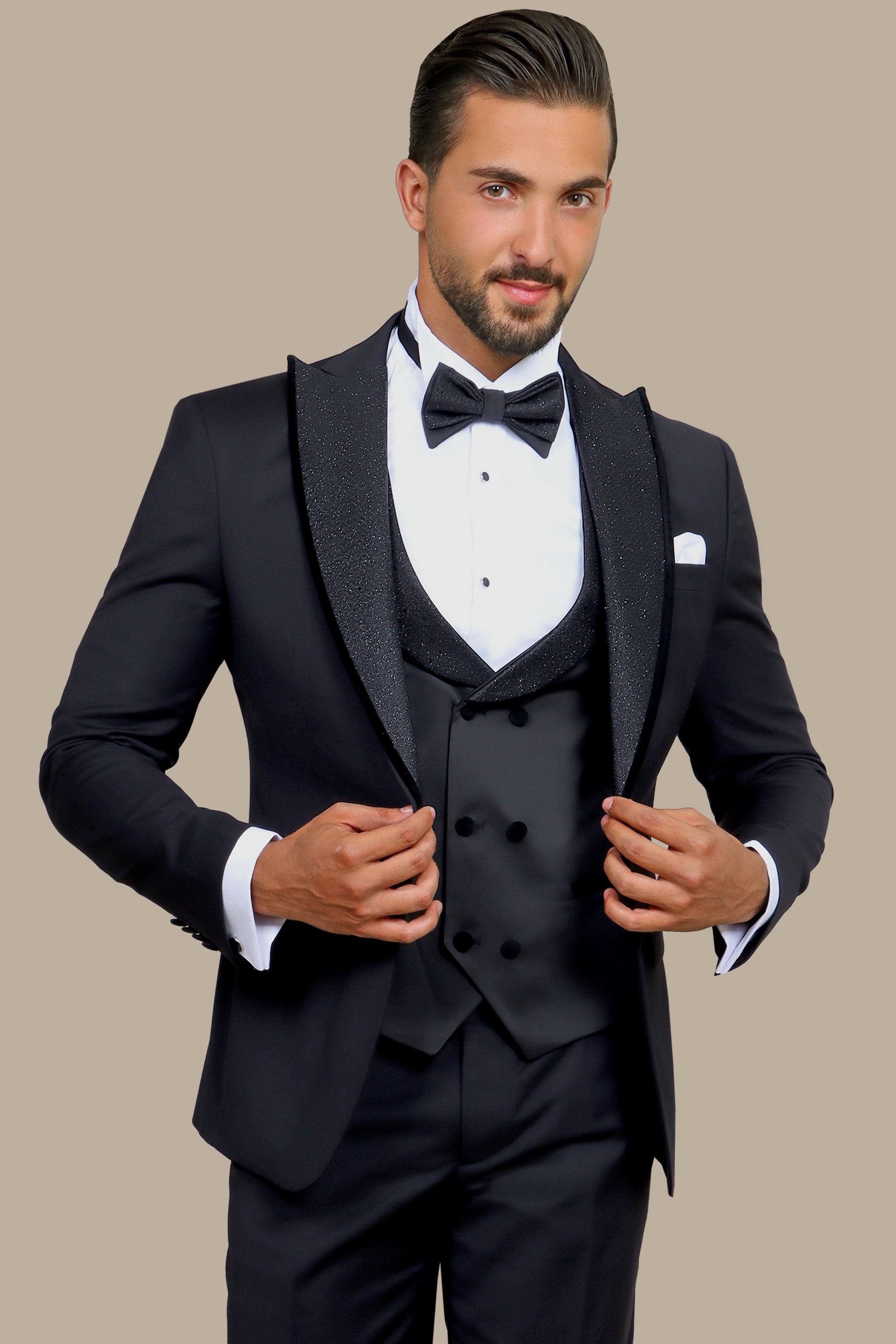 Shine in the Night: Black Tuxedo with Glitter Collar 4-Piece Set