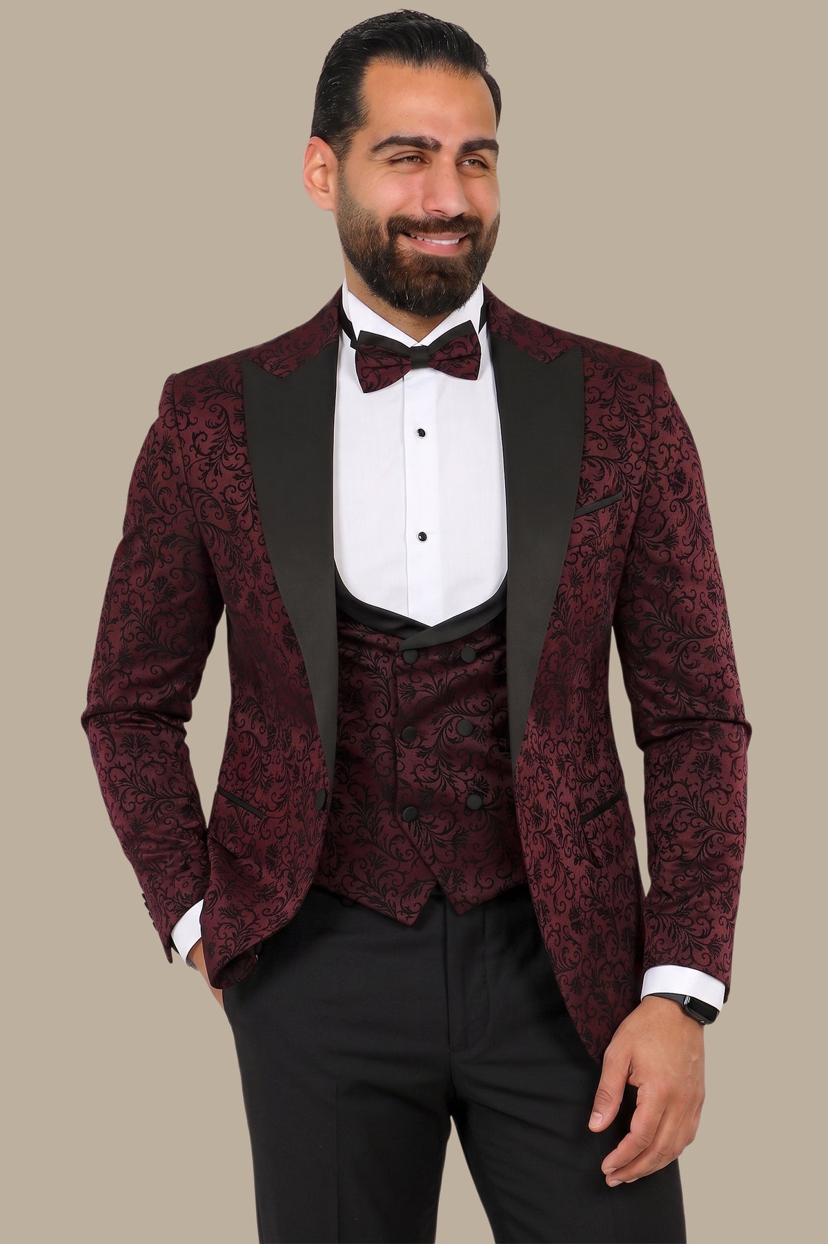 Burgundy Jacquard Leaf Tuxedo – 4 Piece Set