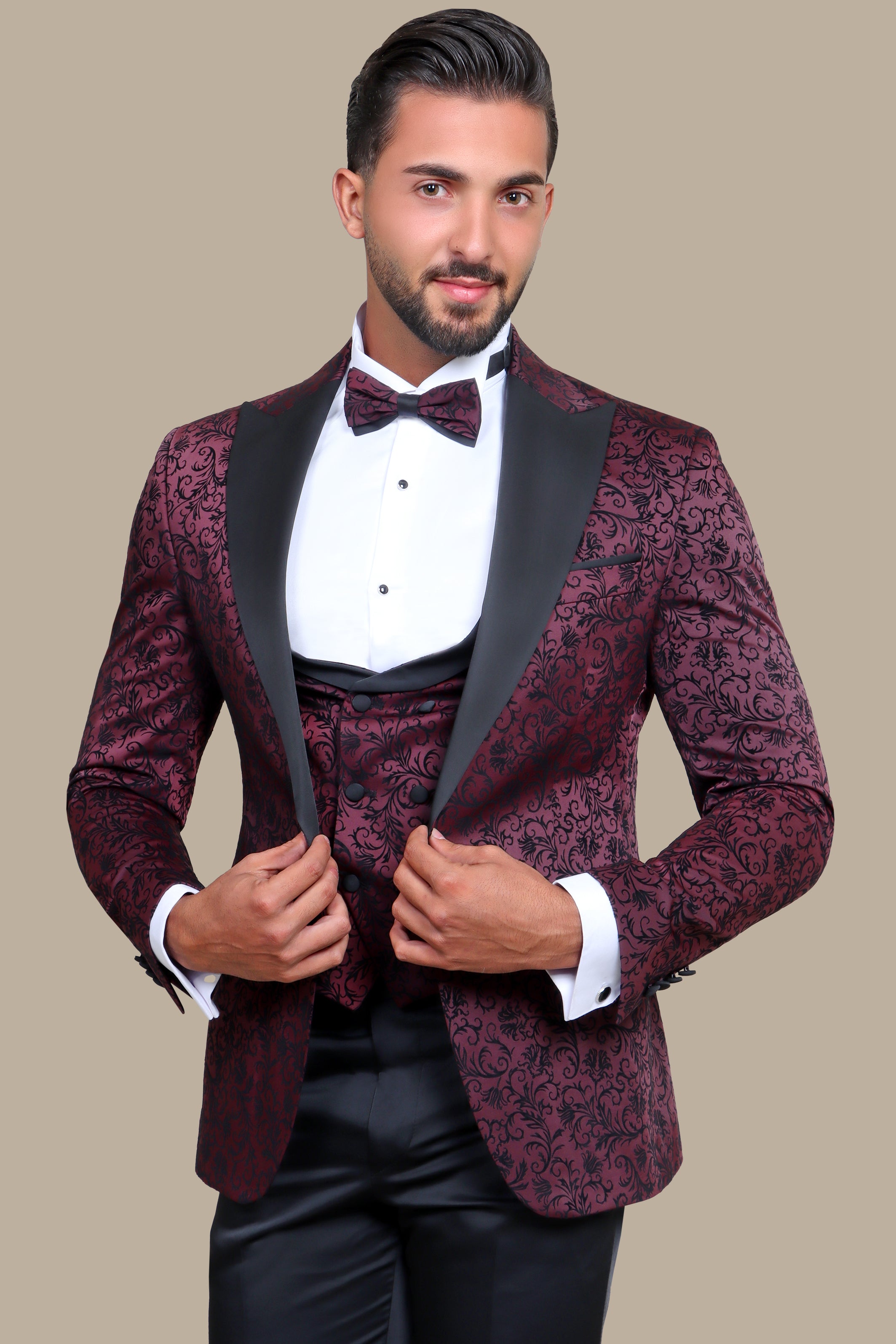 Burgundy Jacquard Leaf Tuxedo – 4 Piece Set