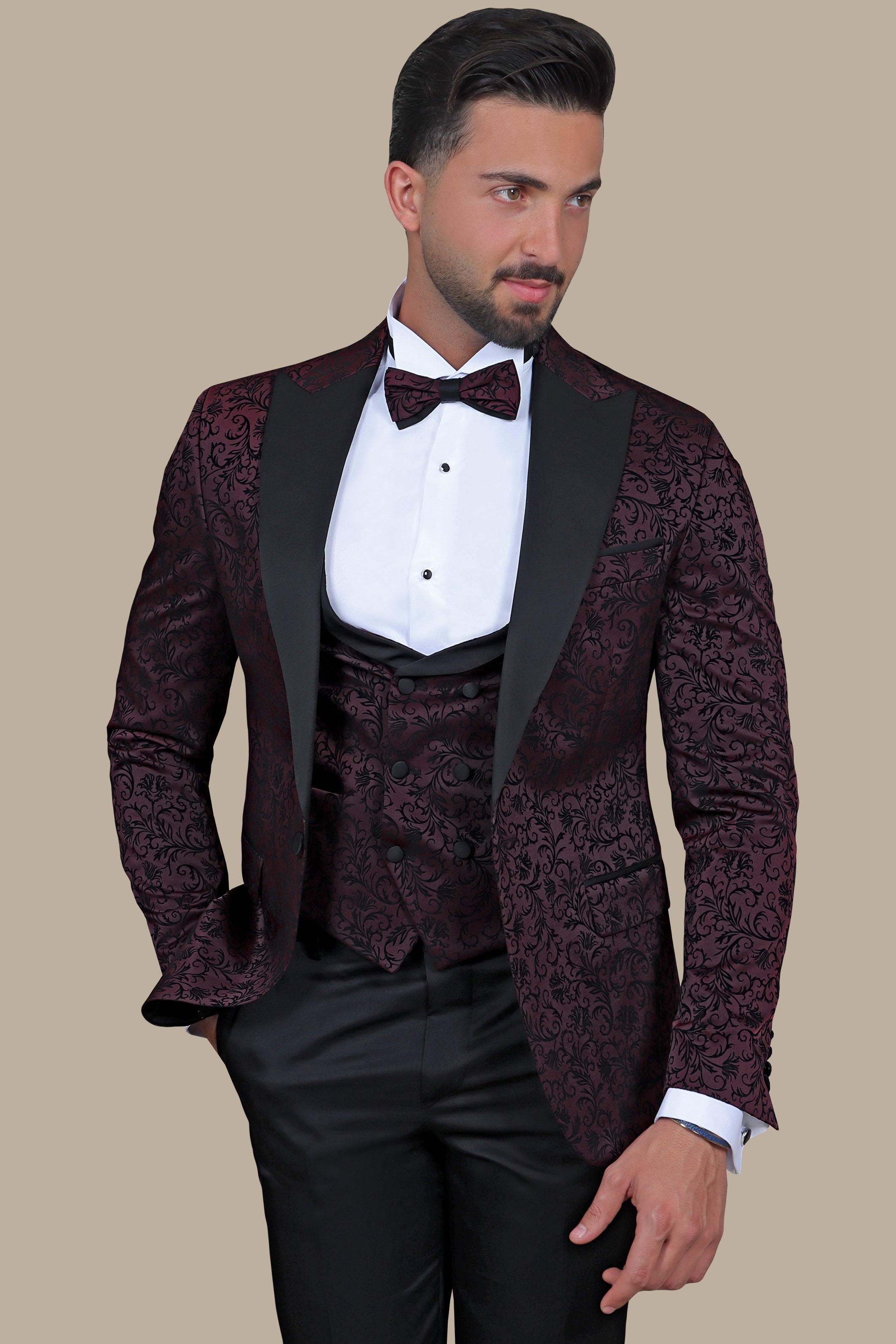 Burgundy Jacquard Leaf Tuxedo – 4 Piece Set