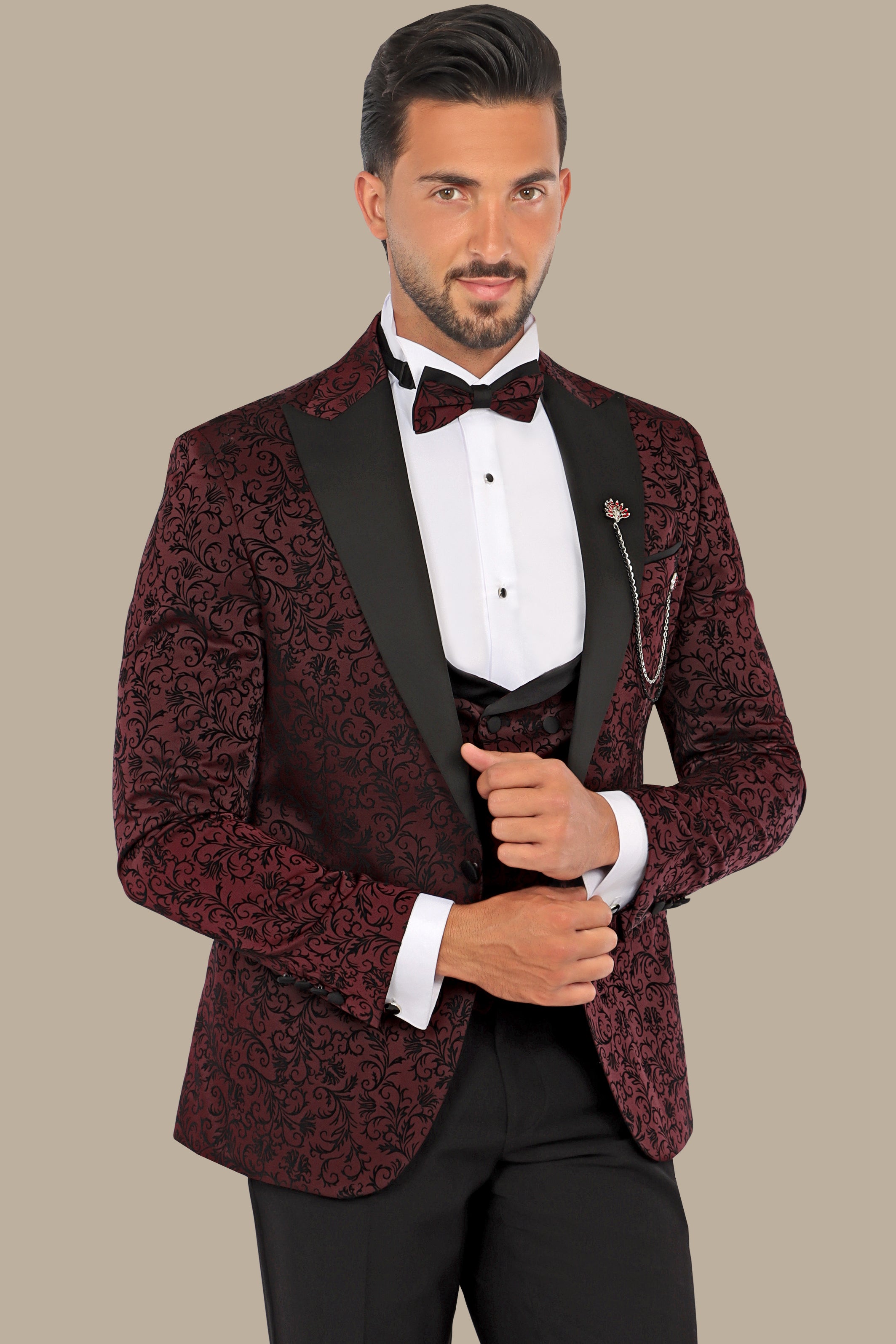 Burgundy Jacquard Leaf Tuxedo – 4 Piece Set