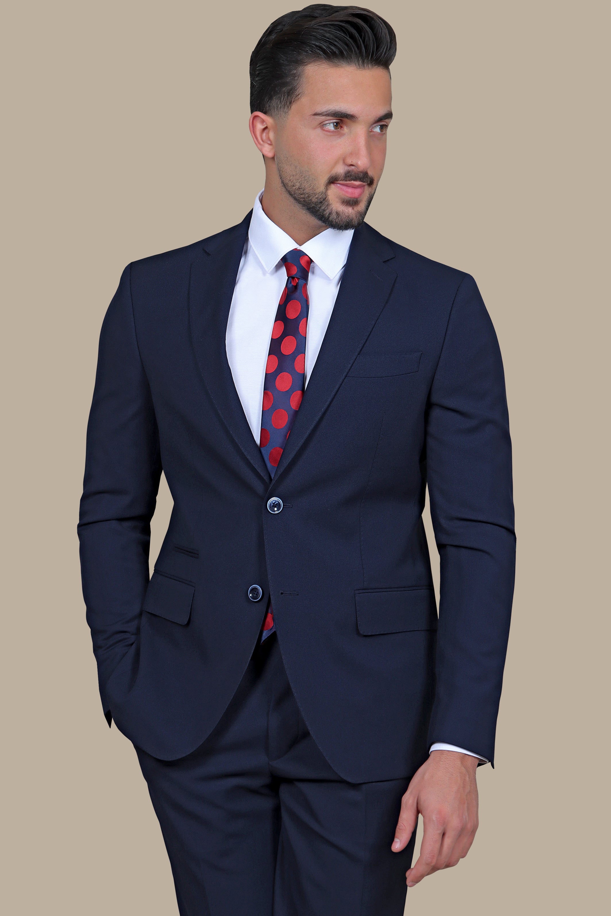 Navy Piqué Notch Lapel Suit - Classic Elegance