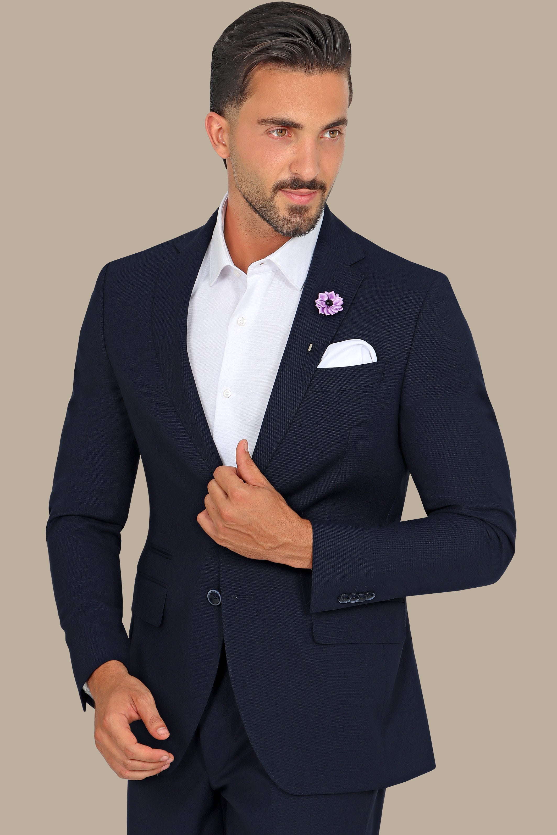 Navy Piqué Notch Lapel Suit - Classic Elegance