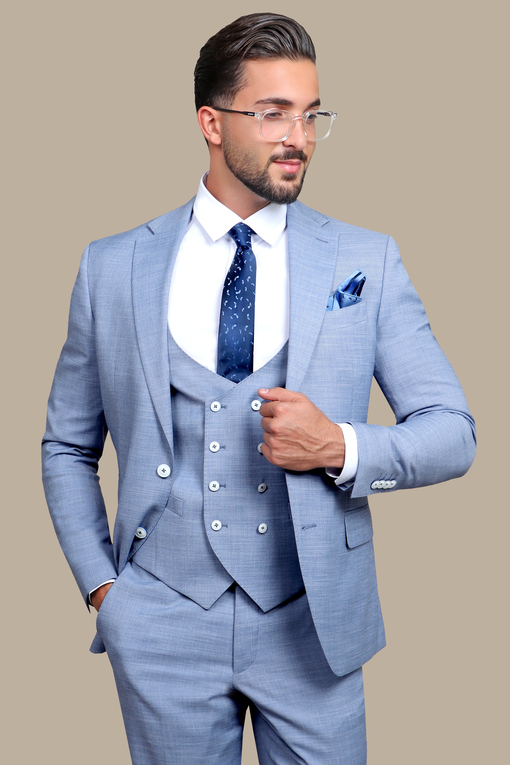 Elegant Blue Lycra Suit Set with Notch Details - 3-Piece Collection