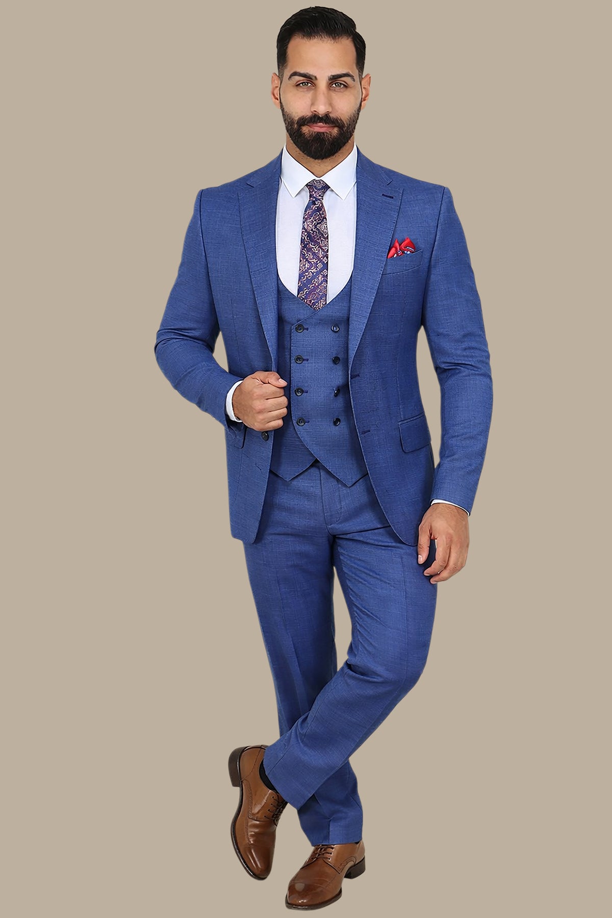 Elegant Blue Lycra Suit Set with Notch Details - 3-Piece Collection