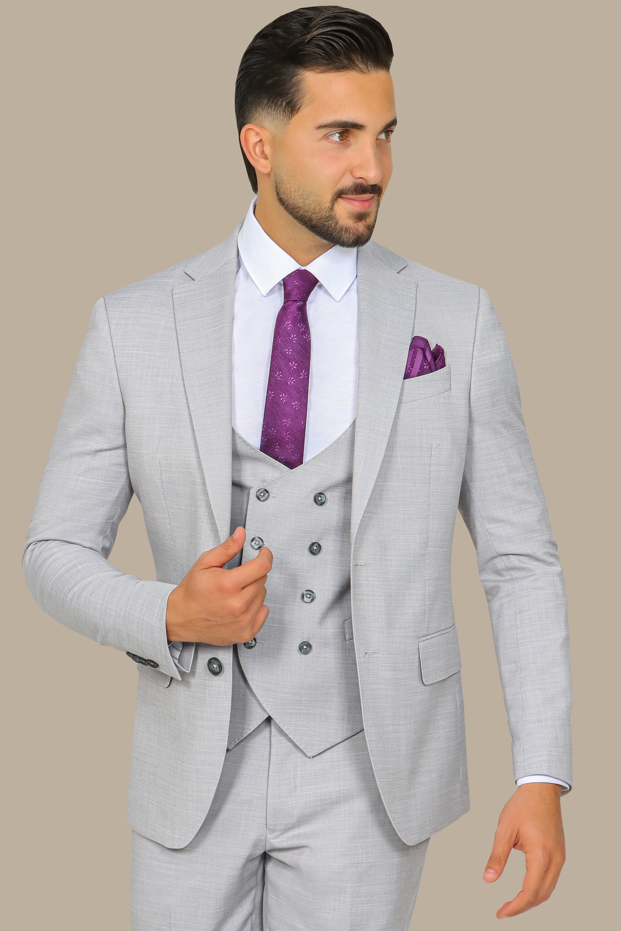 Light Grey Suit Fil a Fil Lycra Notch 3-Piece