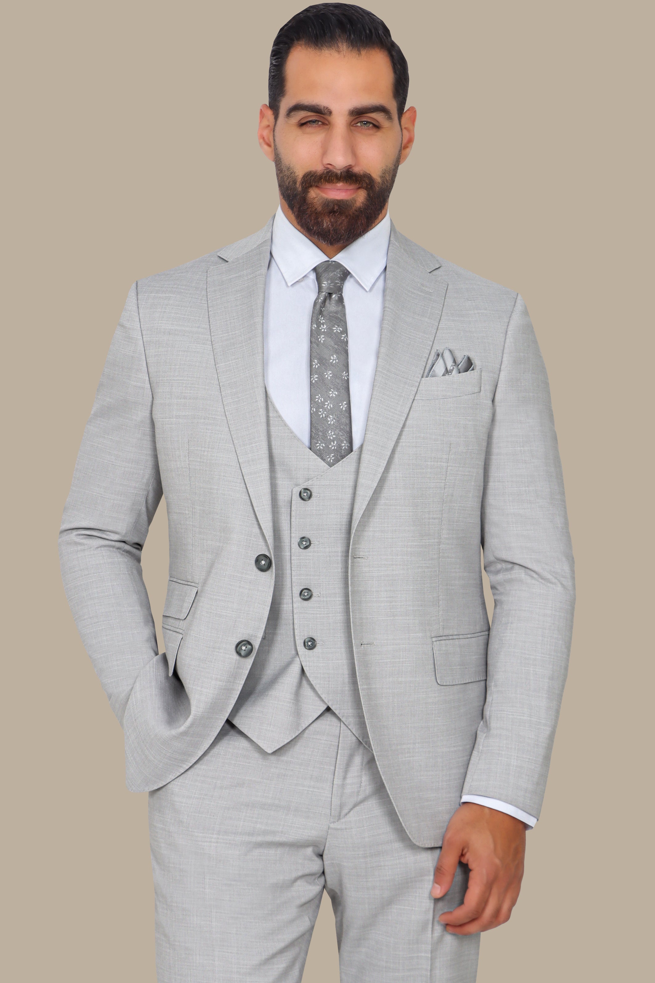 Light Grey Suit Fil a Fil Lycra Notch 3-Piece