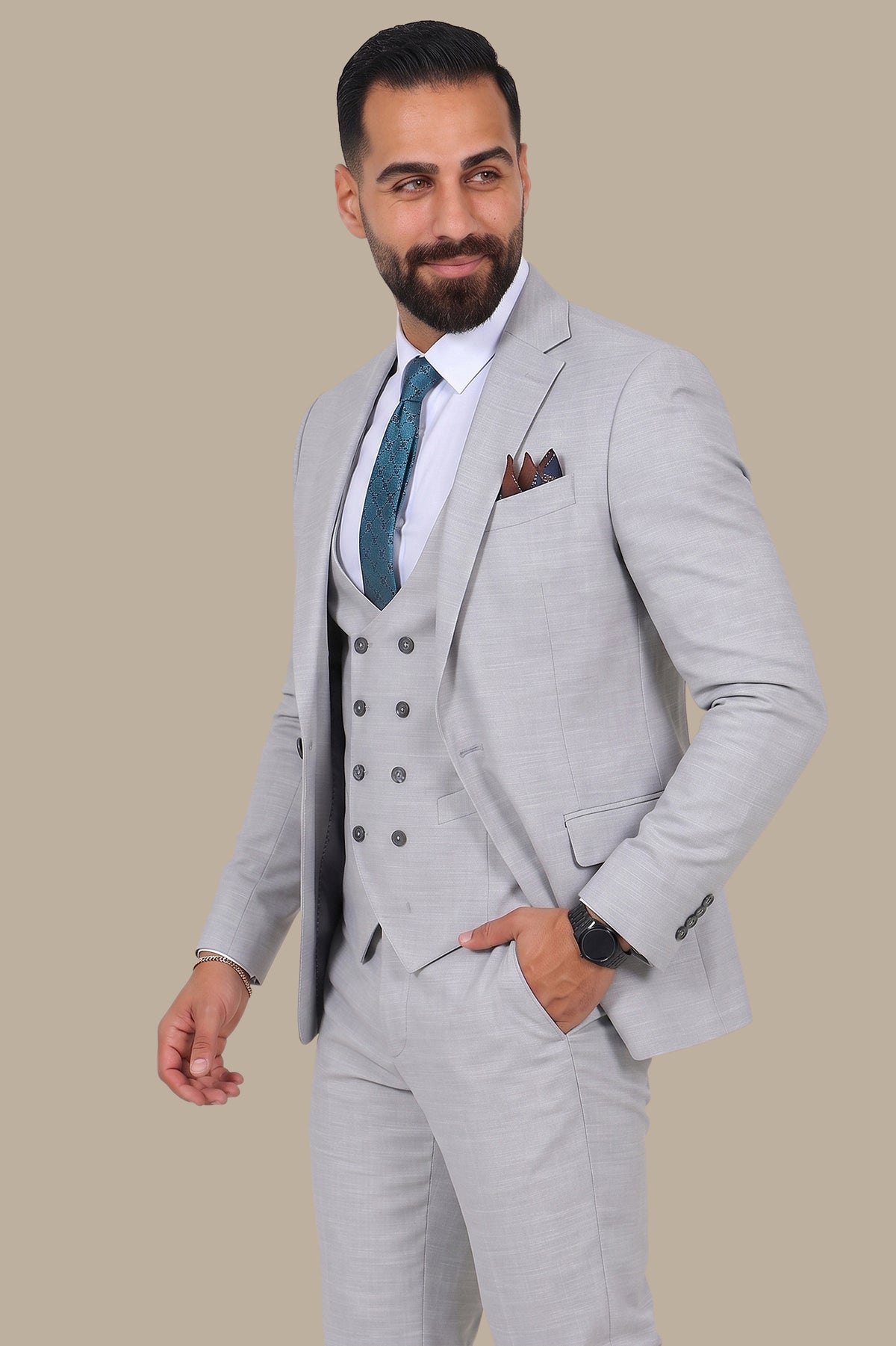 Light Grey Suit Fil a Fil Lycra Notch 3-Piece