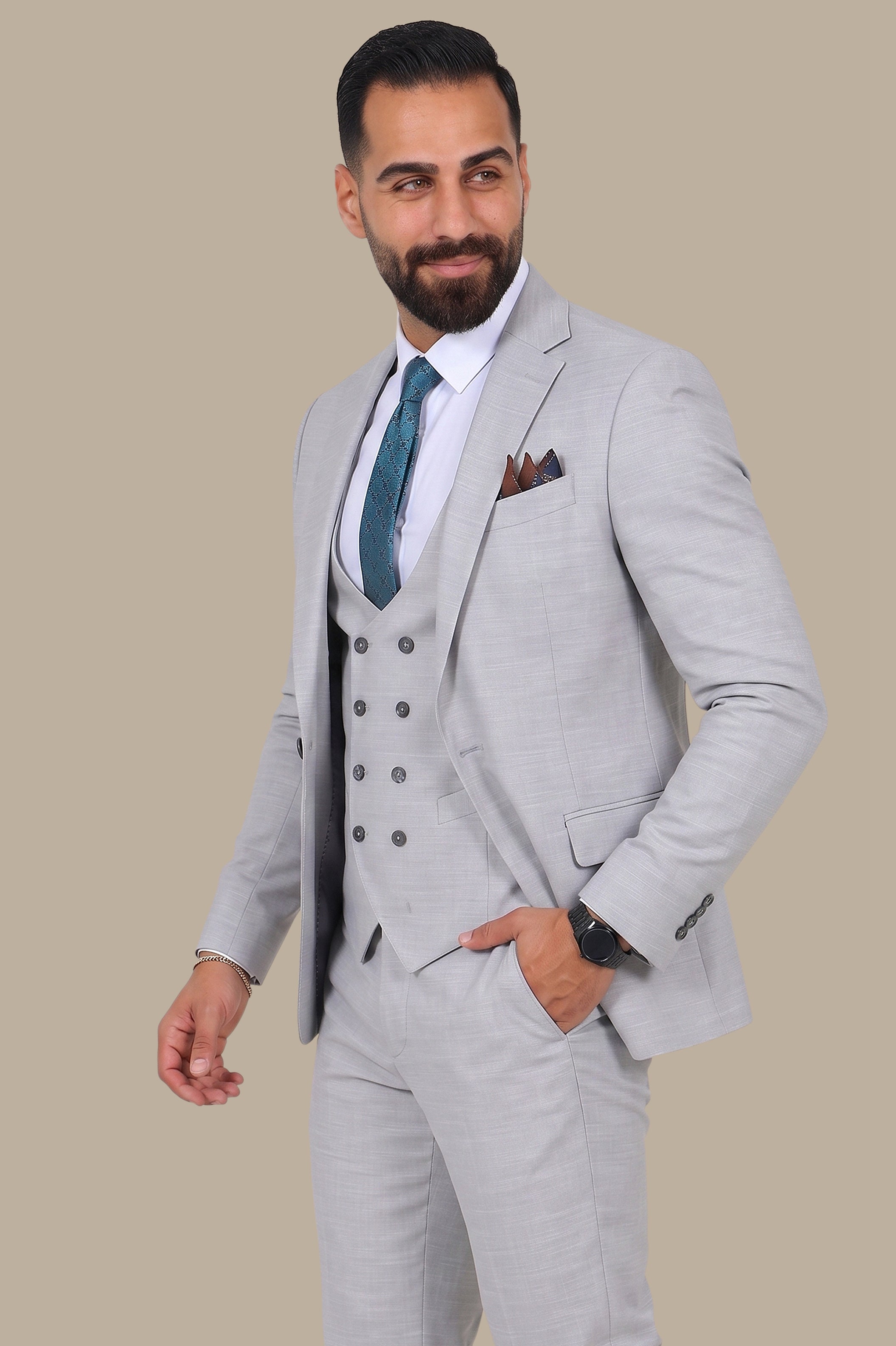 Light Grey Suit Fil a Fil Lycra Notch 3-Piece