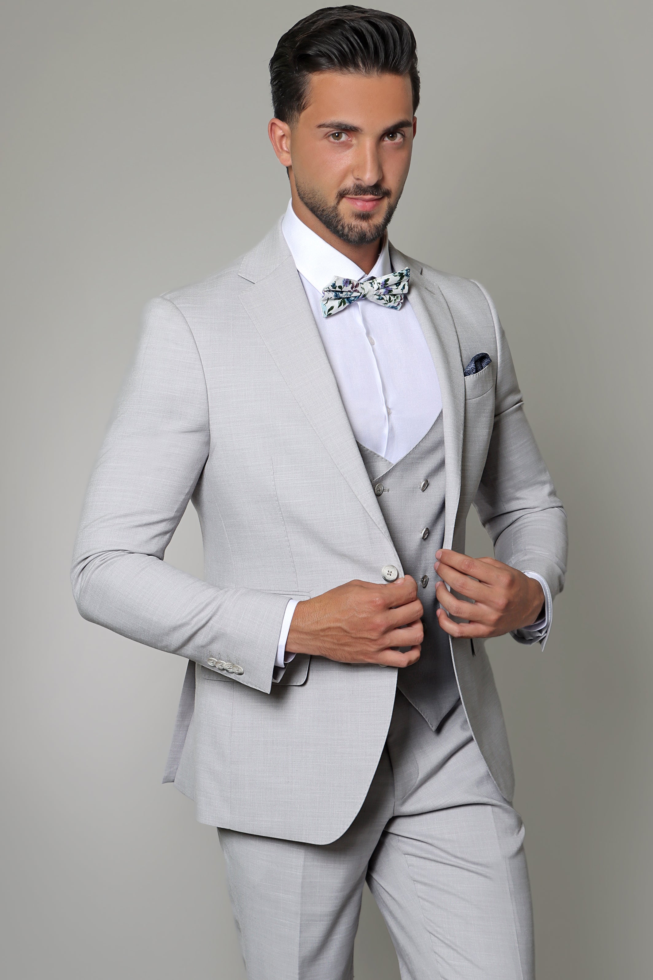 Refined Elegance: Light Grey Fil a Fil Lycra Notch 3-Piece Suit