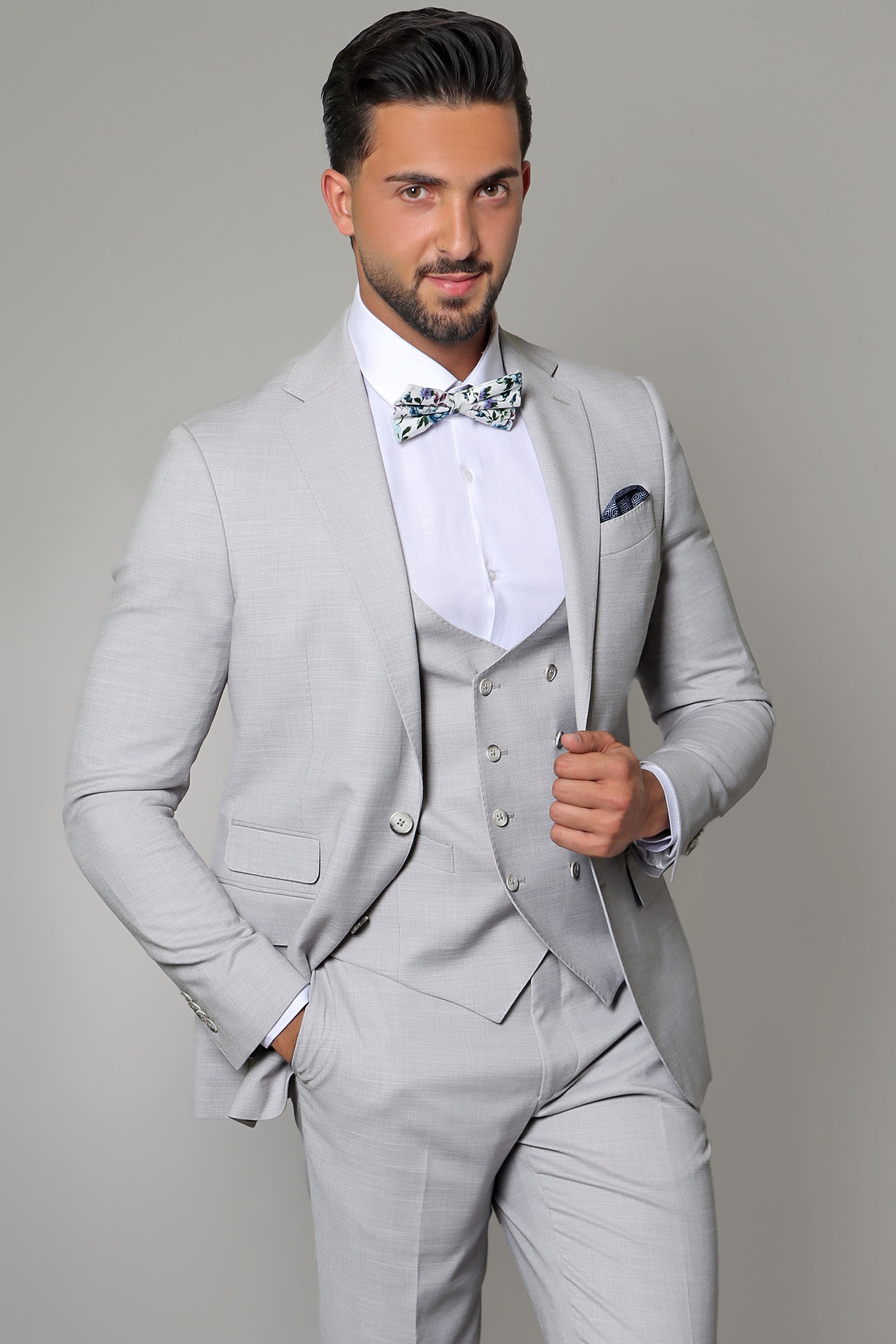 Refined Elegance: Light Grey Fil a Fil Lycra Notch 3-Piece Suit