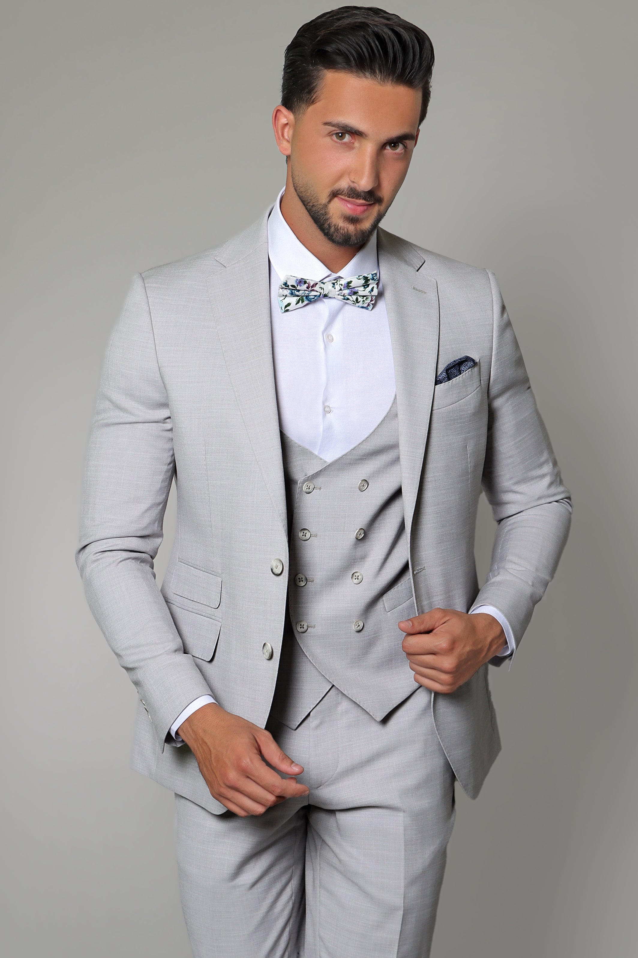 Refined Elegance: Light Grey Fil a Fil Lycra Notch 3-Piece Suit