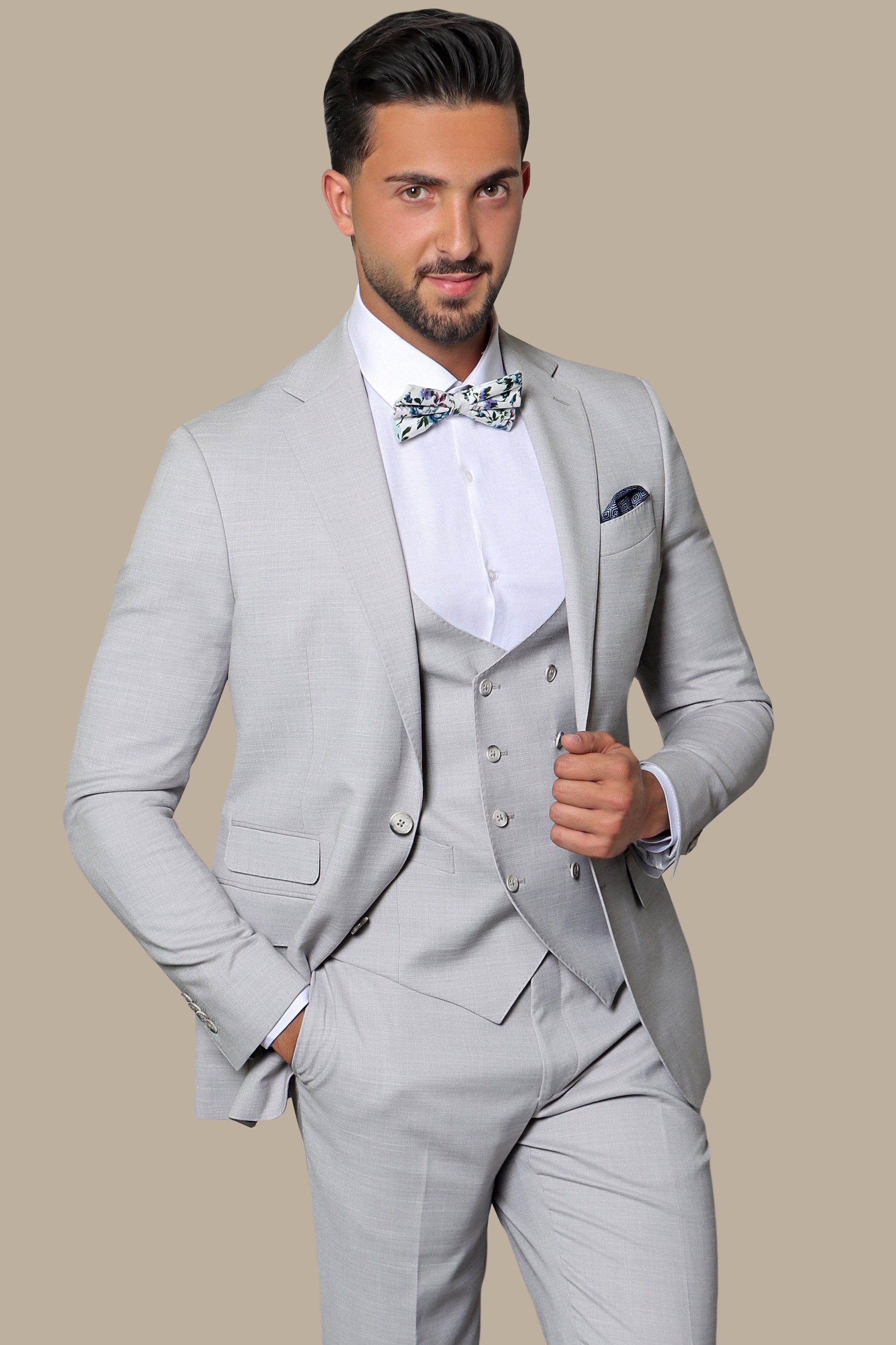 Refined Elegance: Light Grey Fil a Fil Lycra Notch 3-Piece Suit