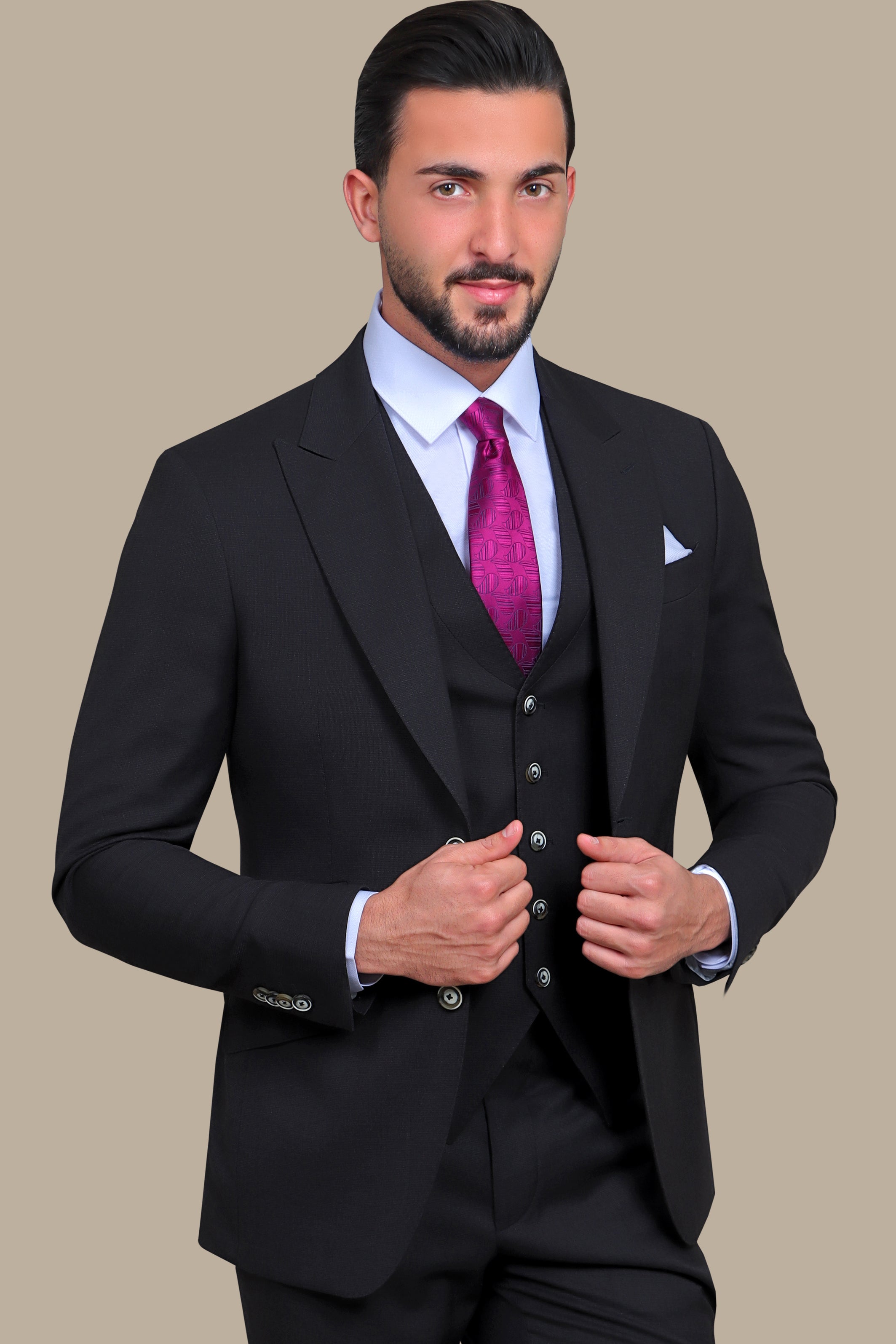 Black Fila Fil Lycra 3-Piece Suit with Peak Lapel