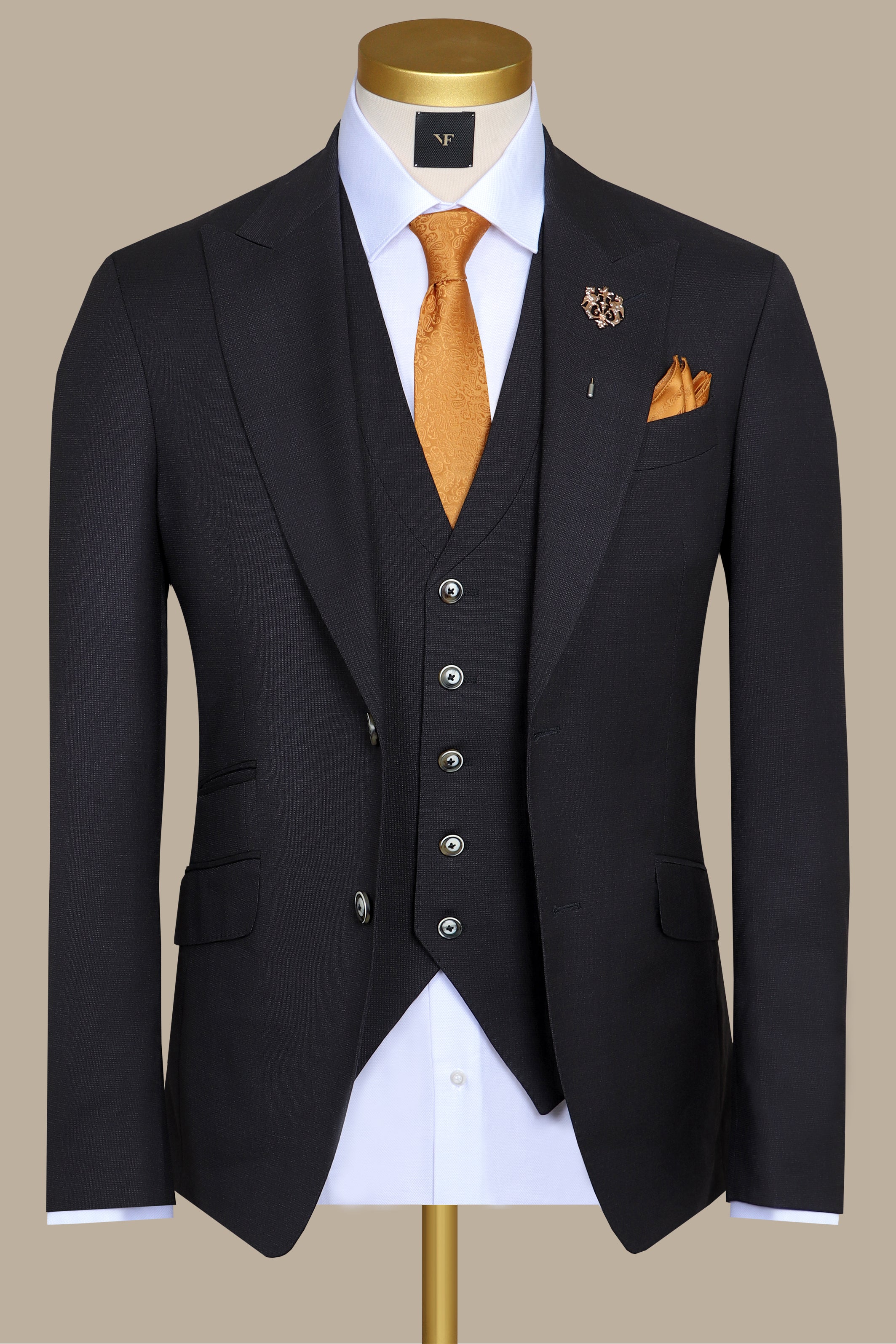 Black Fila Fil Lycra 3-Piece Suit with Peak Lapel