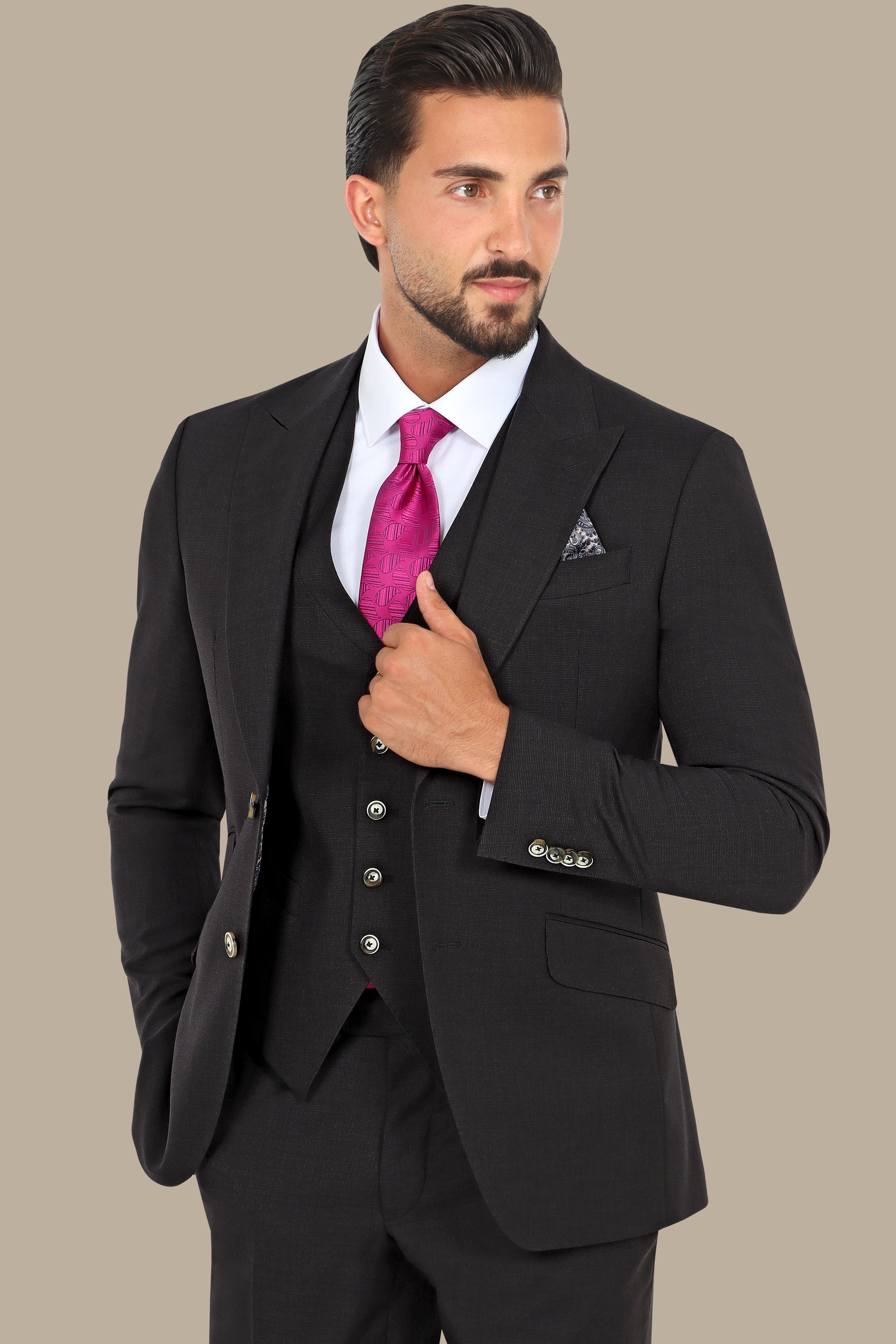 Black Fila Fil Lycra 3-Piece Suit with Peak Lapel