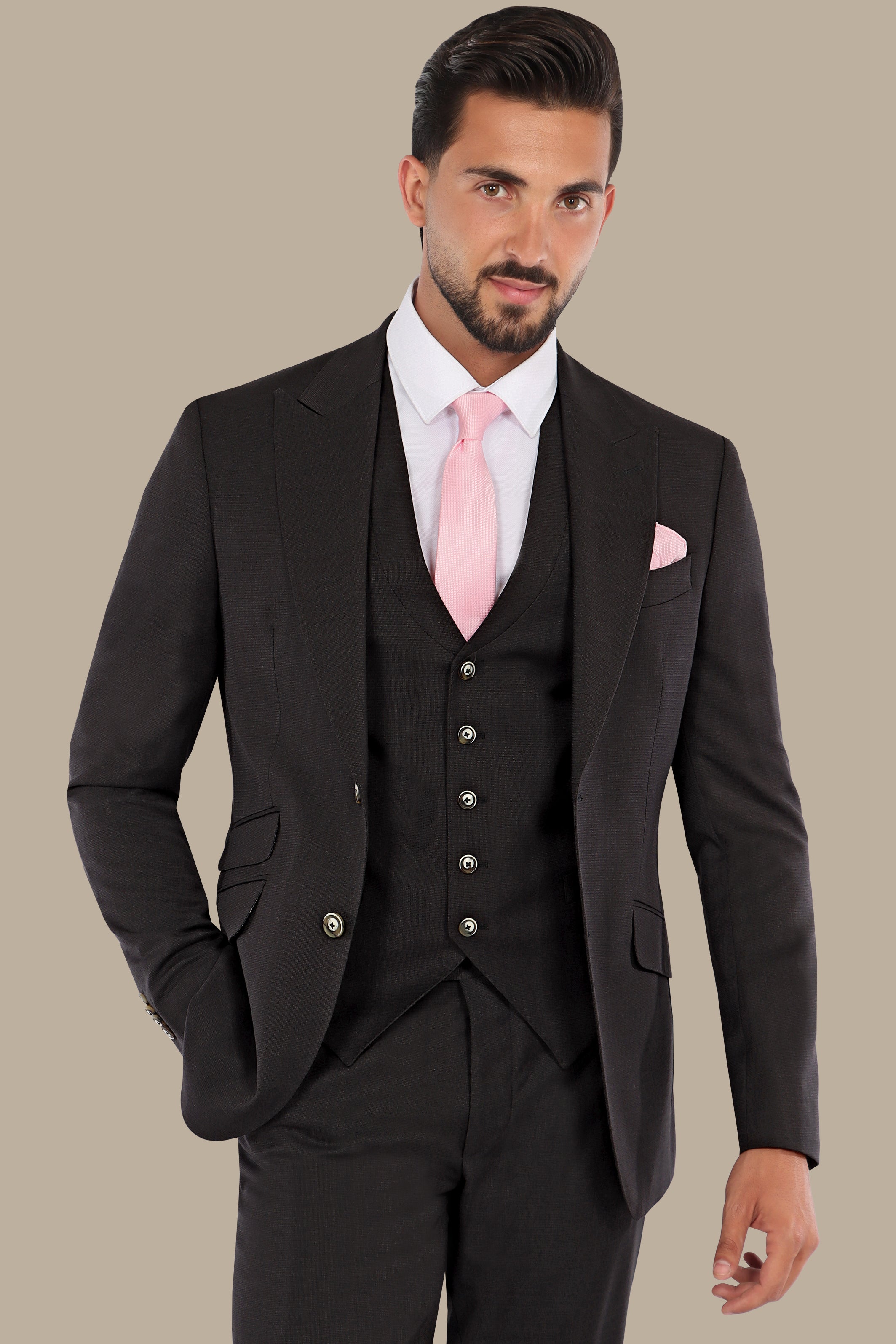 Black Fila Fil Lycra 3-Piece Suit with Peak Lapel