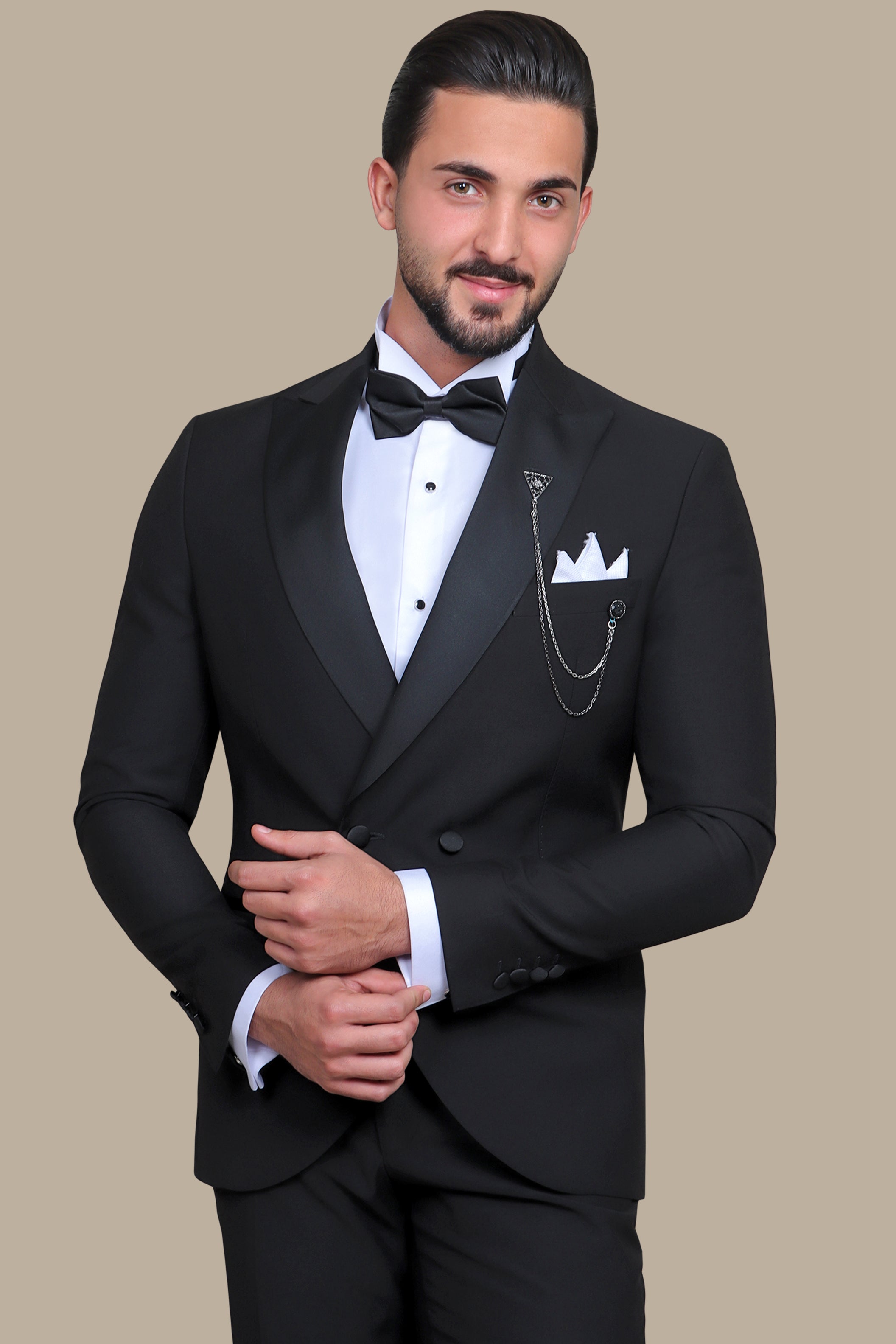 Black Double-Breasted Tuxedo with Peak Lapel - Two Button Classic