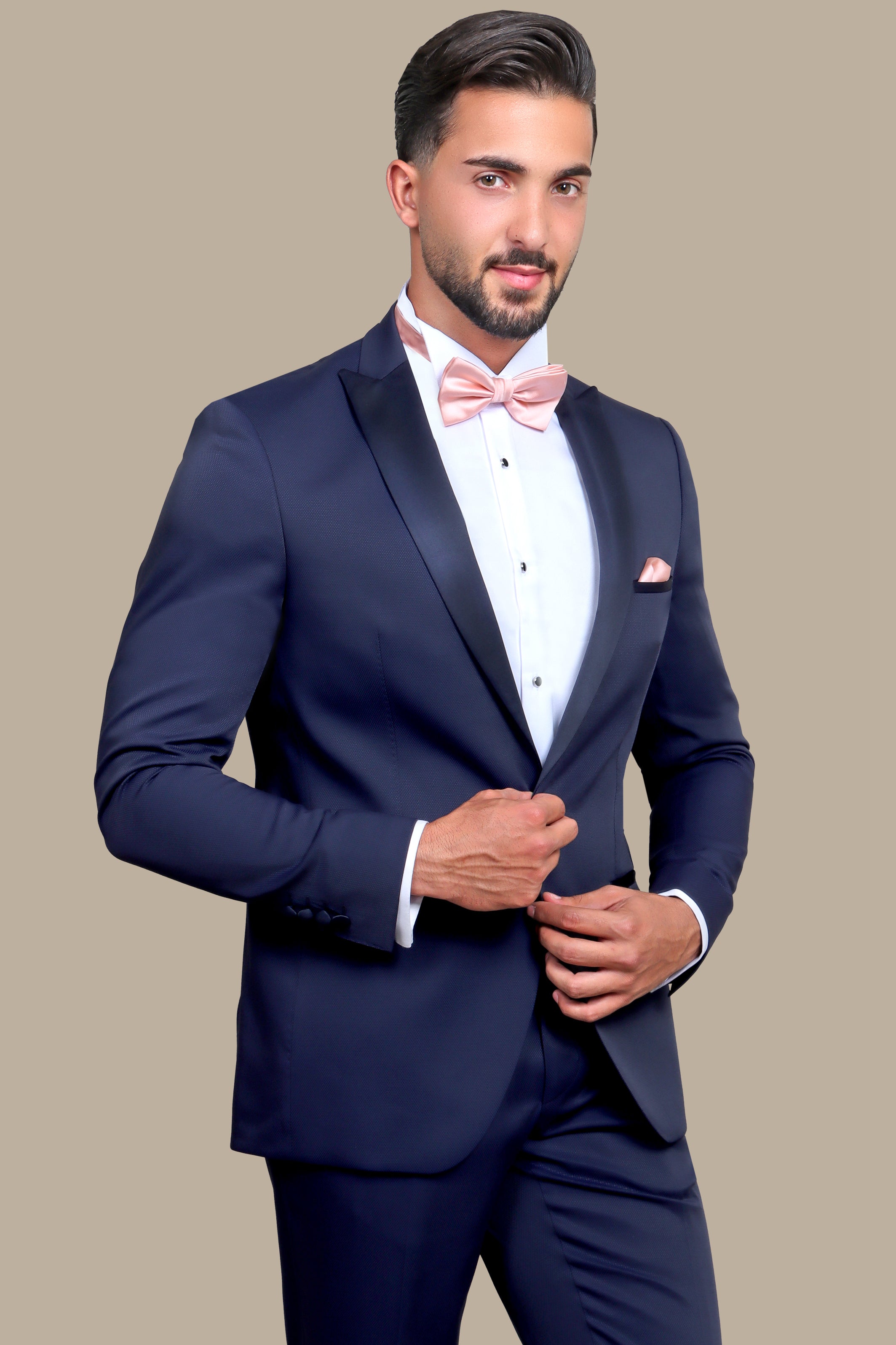 Midnight Elegance: Navy Tuxedo with Peak Lapel