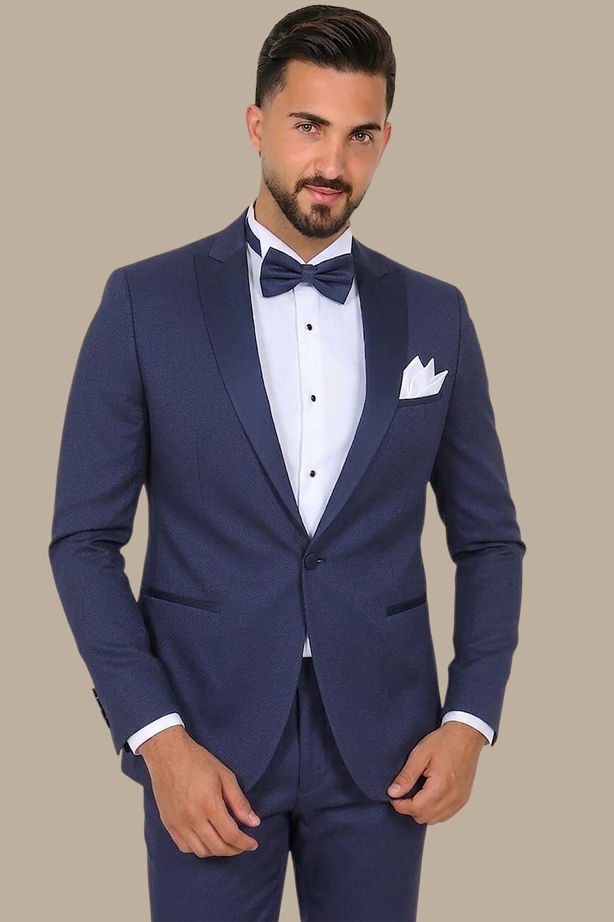 Midnight Elegance: Navy Tuxedo with Peak Lapel