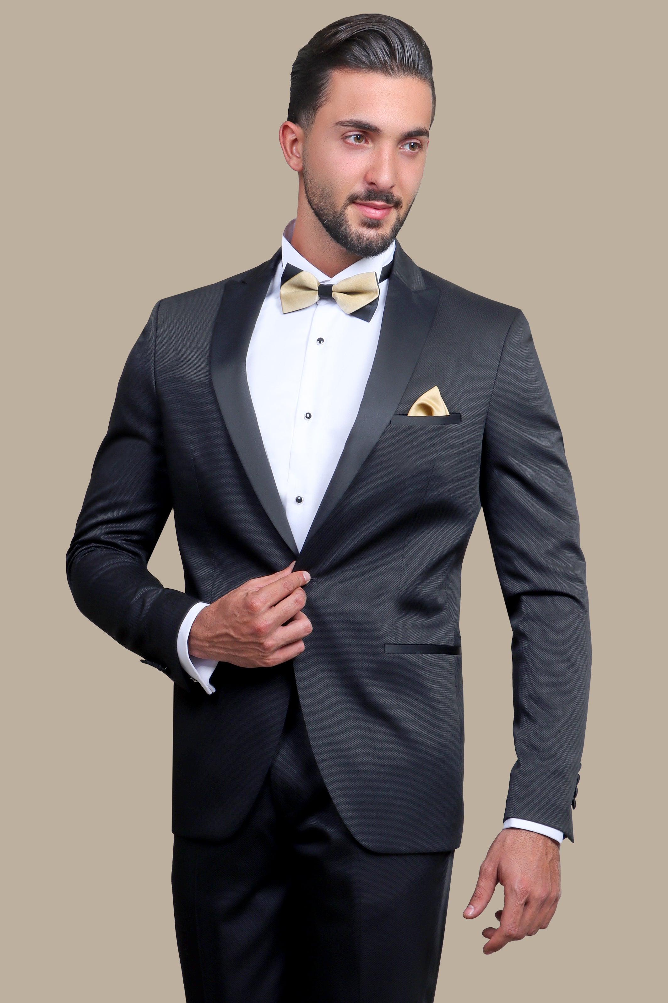 Black Pique Tuxedo with Peak Lapel