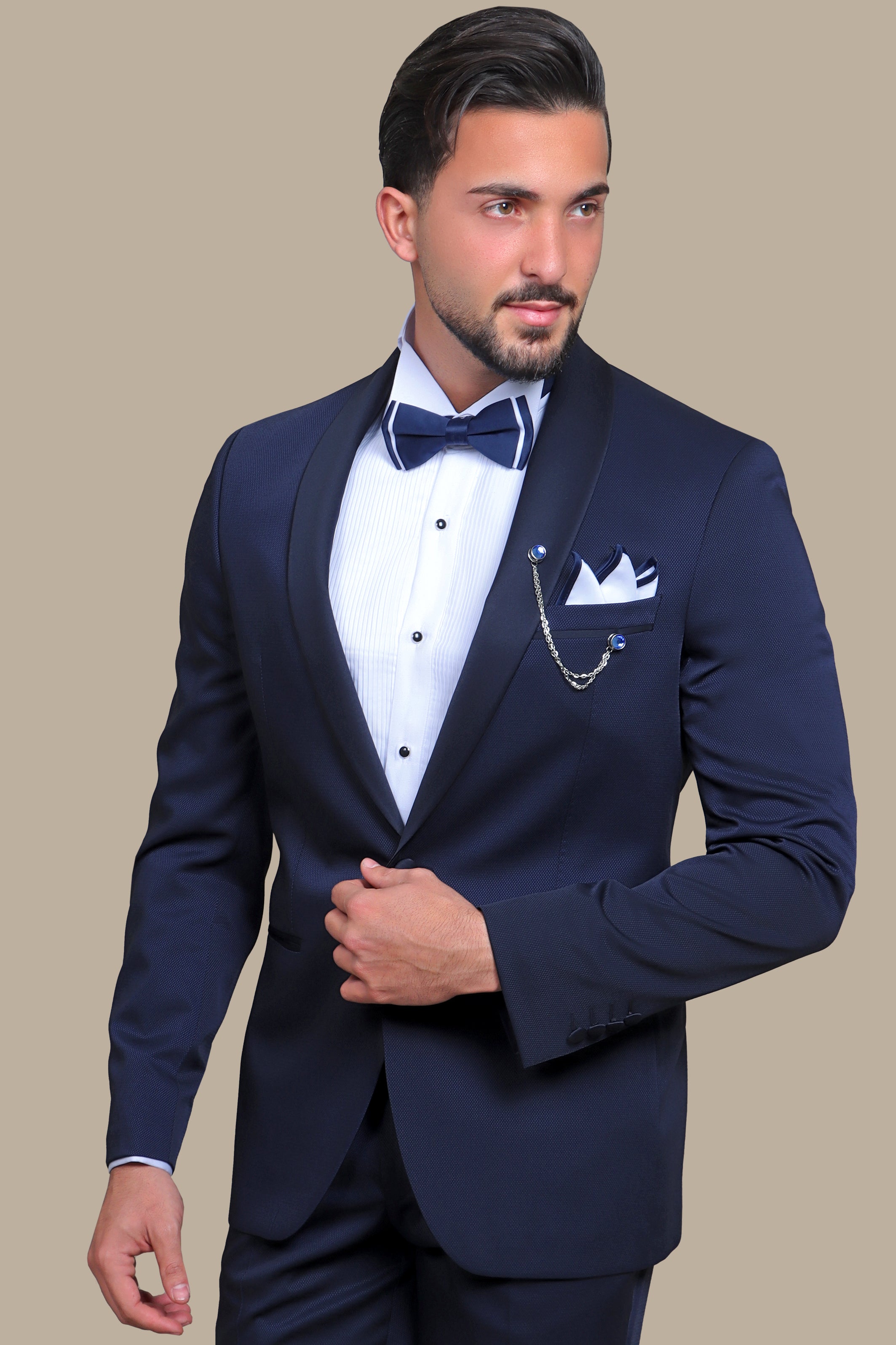 Refined Charm: The Navy Piqué Tuxedo with Shawl Collar