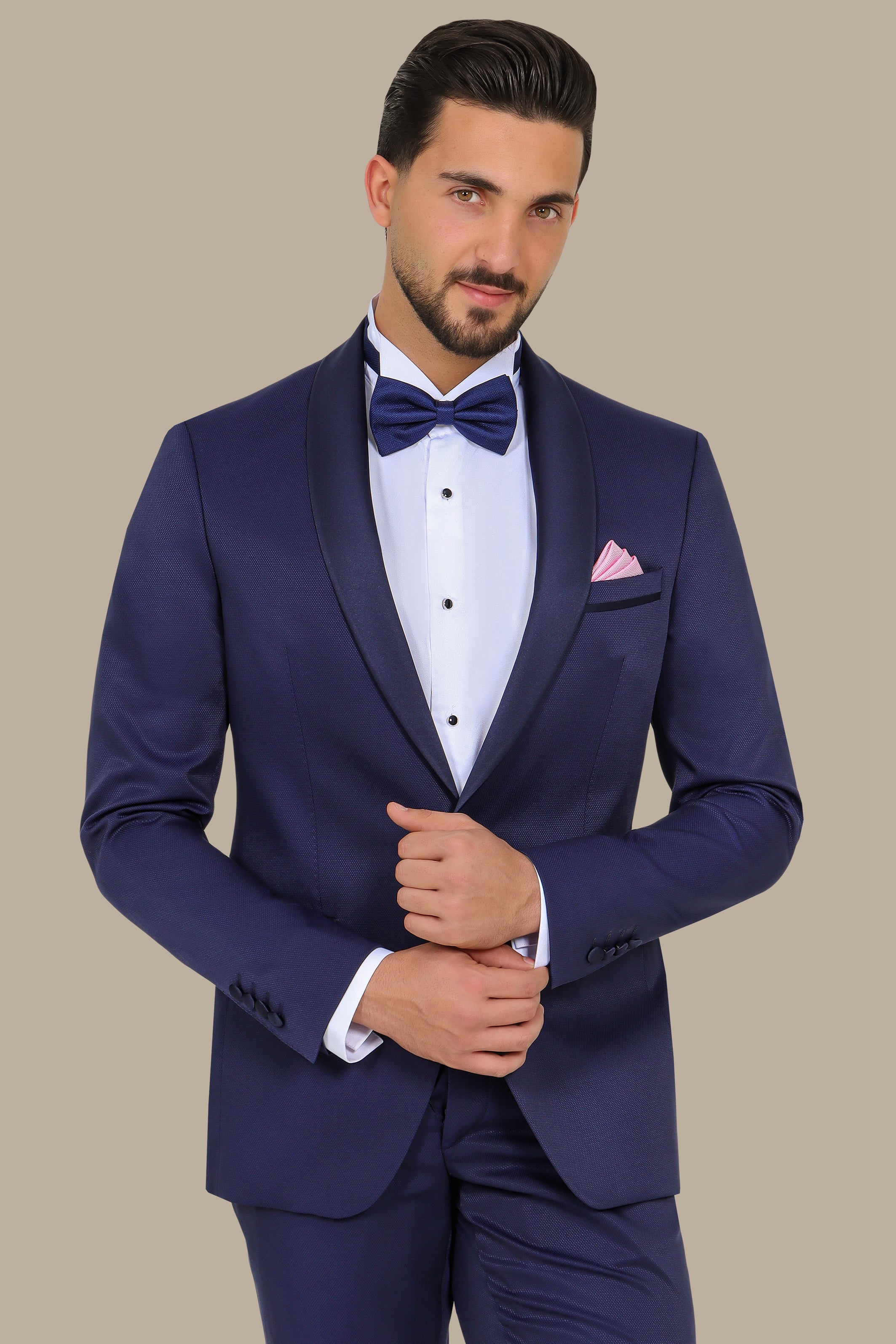 Refined Charm: The Navy Piqué Tuxedo with Shawl Collar