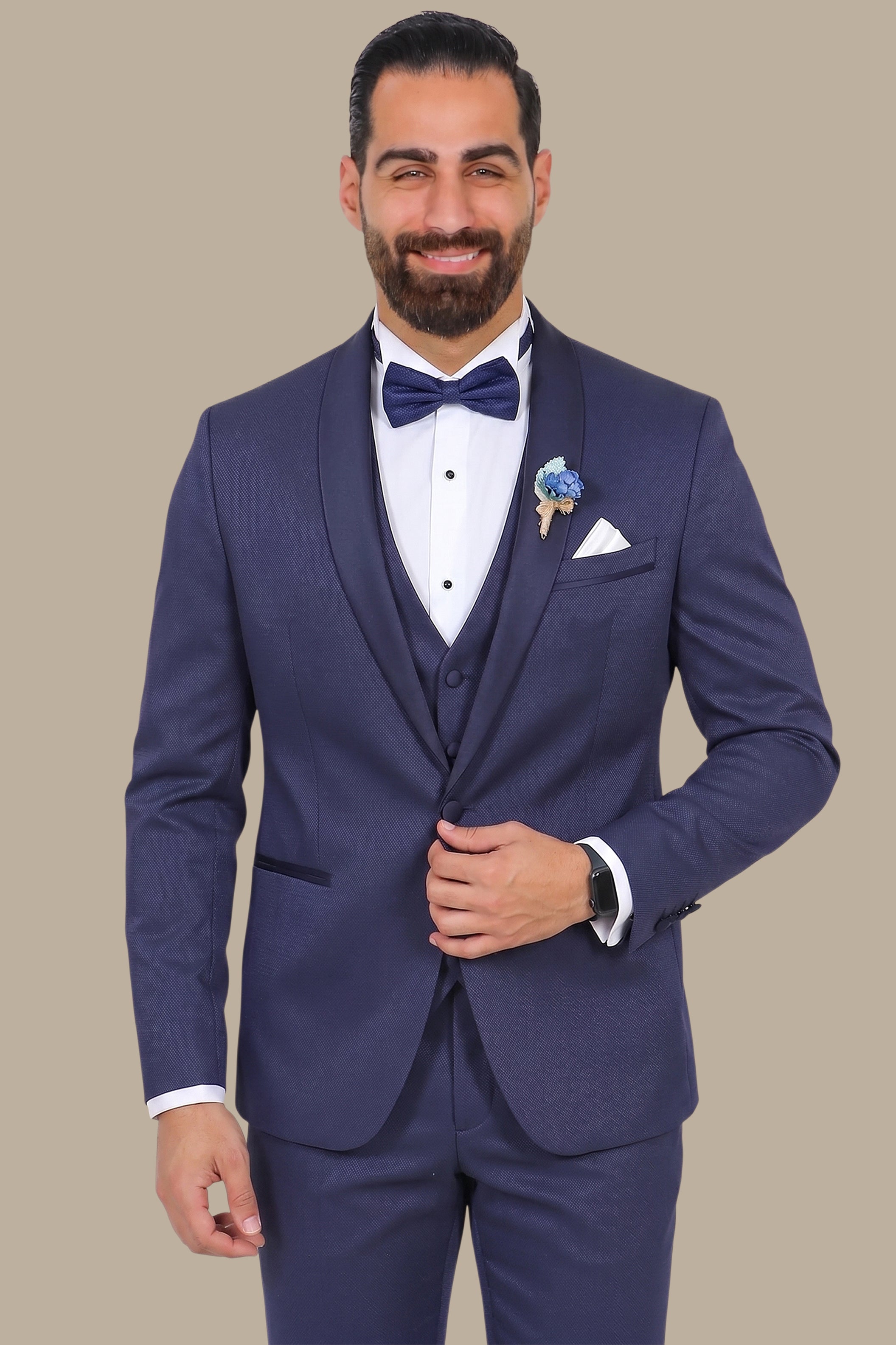 Refined Charm: The Navy Piqué Tuxedo with Shawl Collar