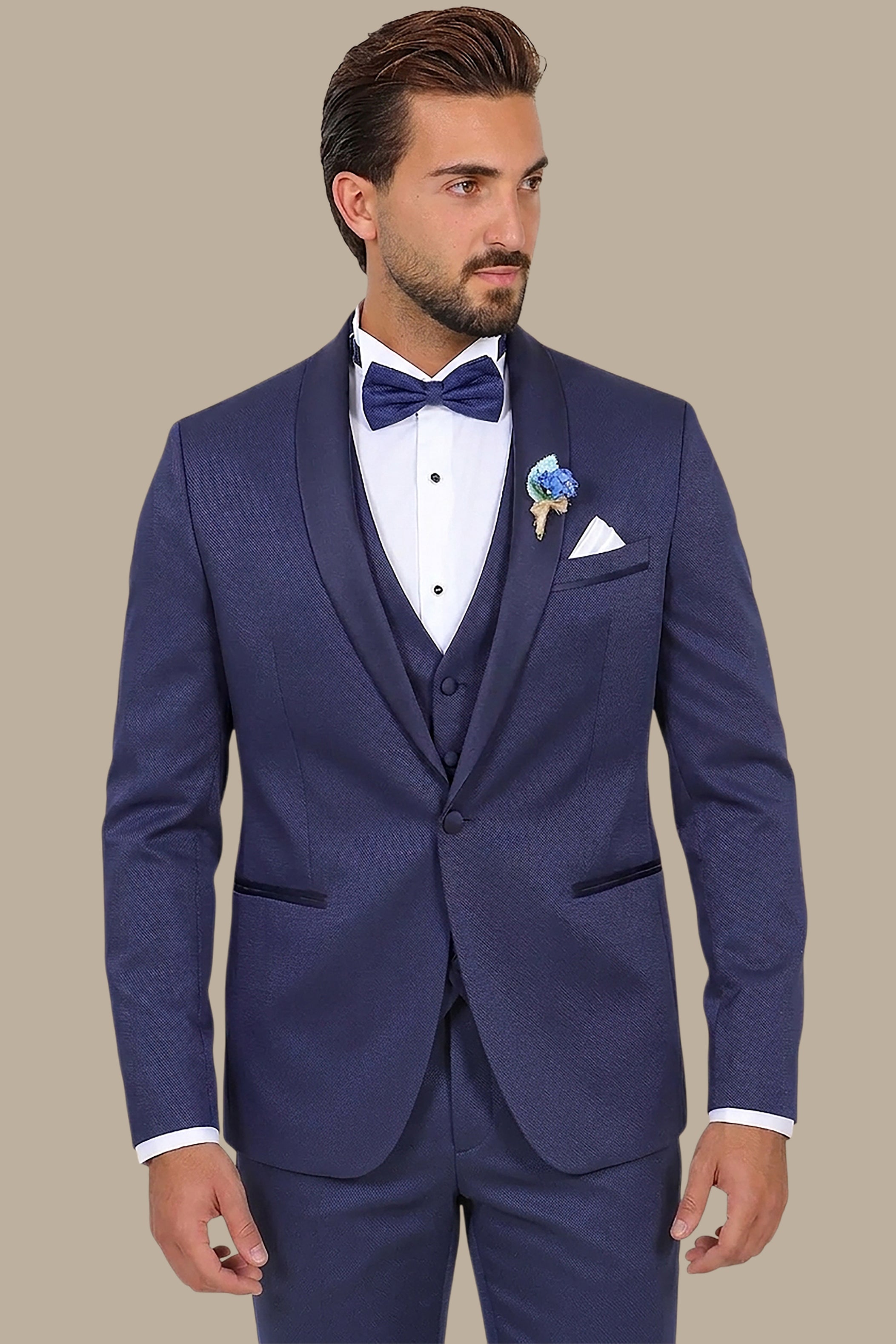 Refined Charm: The Navy Piqué Tuxedo with Shawl Collar