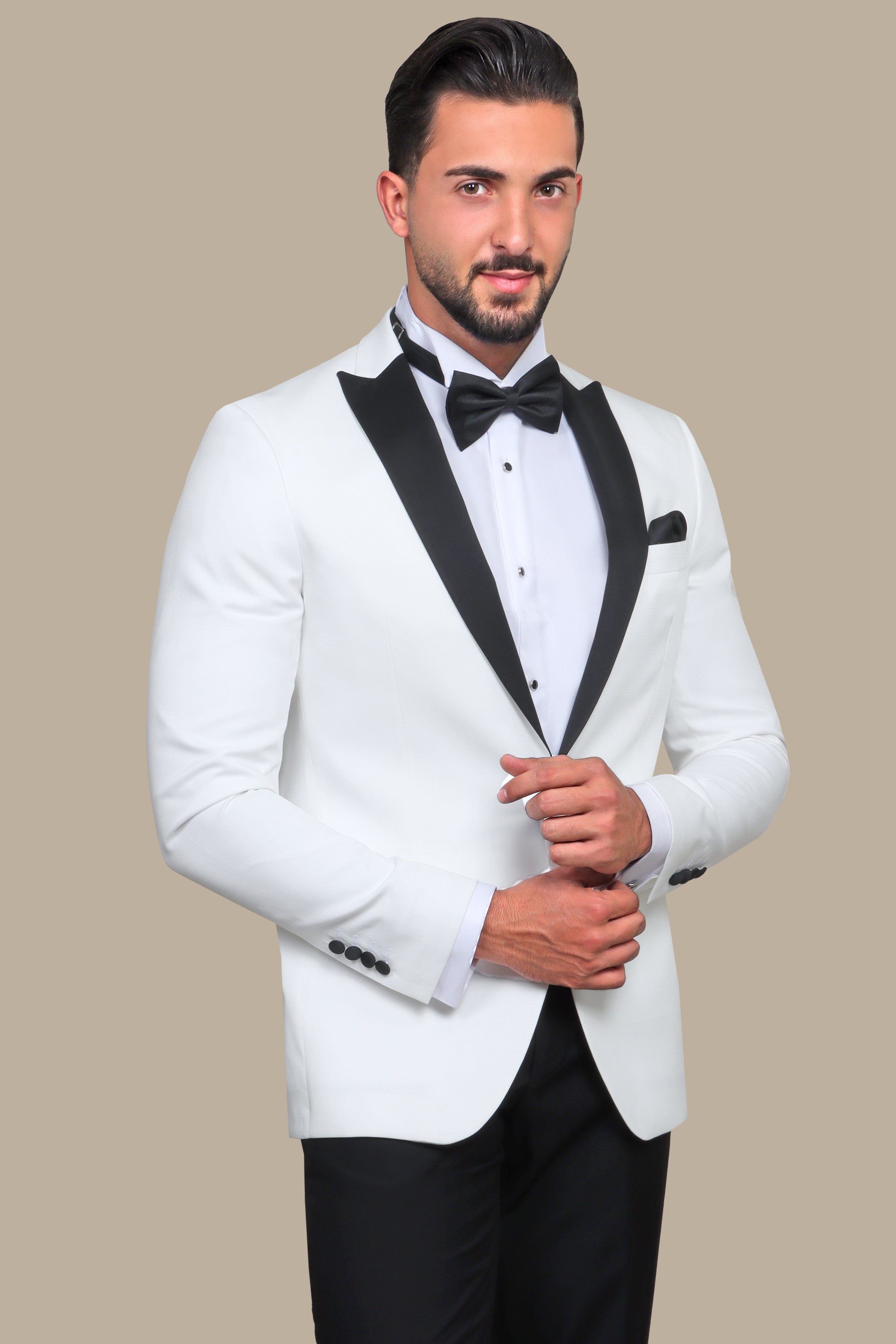 Black Peak Pique Tuxedo with White Jacket and Pants